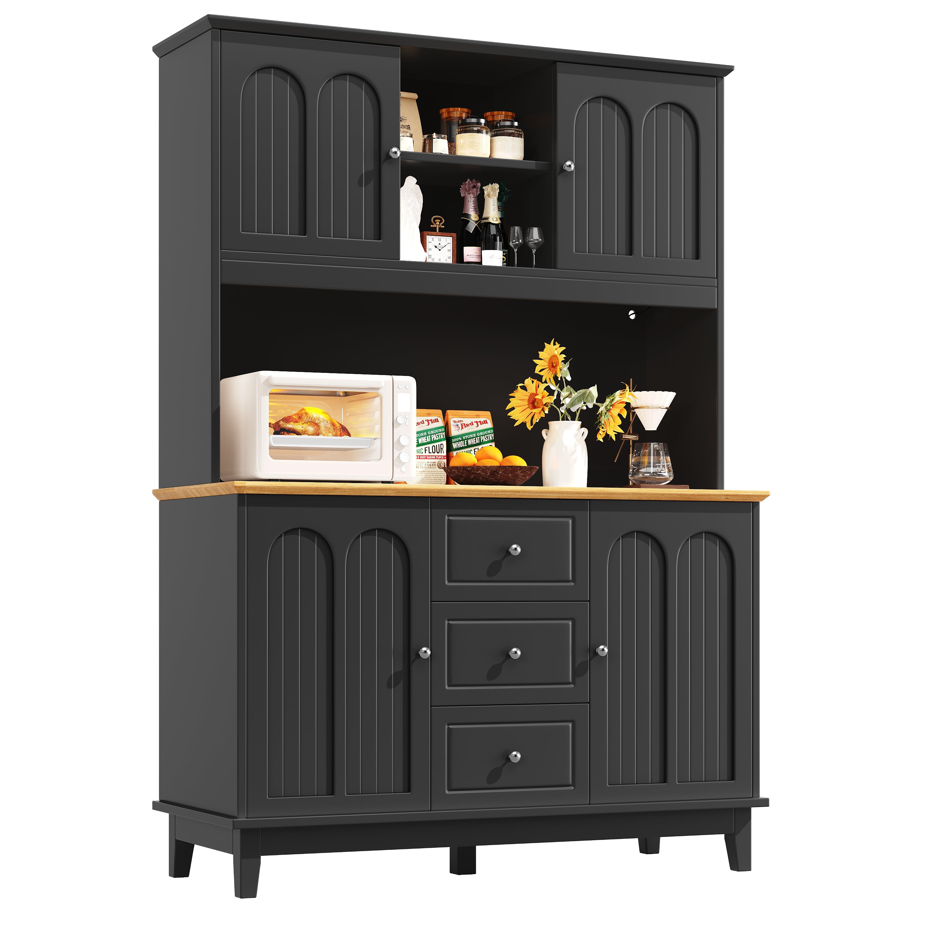 Snack cabinet, kitchen cabinet (120 x 40 x 180 cm), tall kitchen dining cabinet, sideboard, kitchen cabinet with three drawers and LED lighting, suitable for kitchen, living room, dining room, black