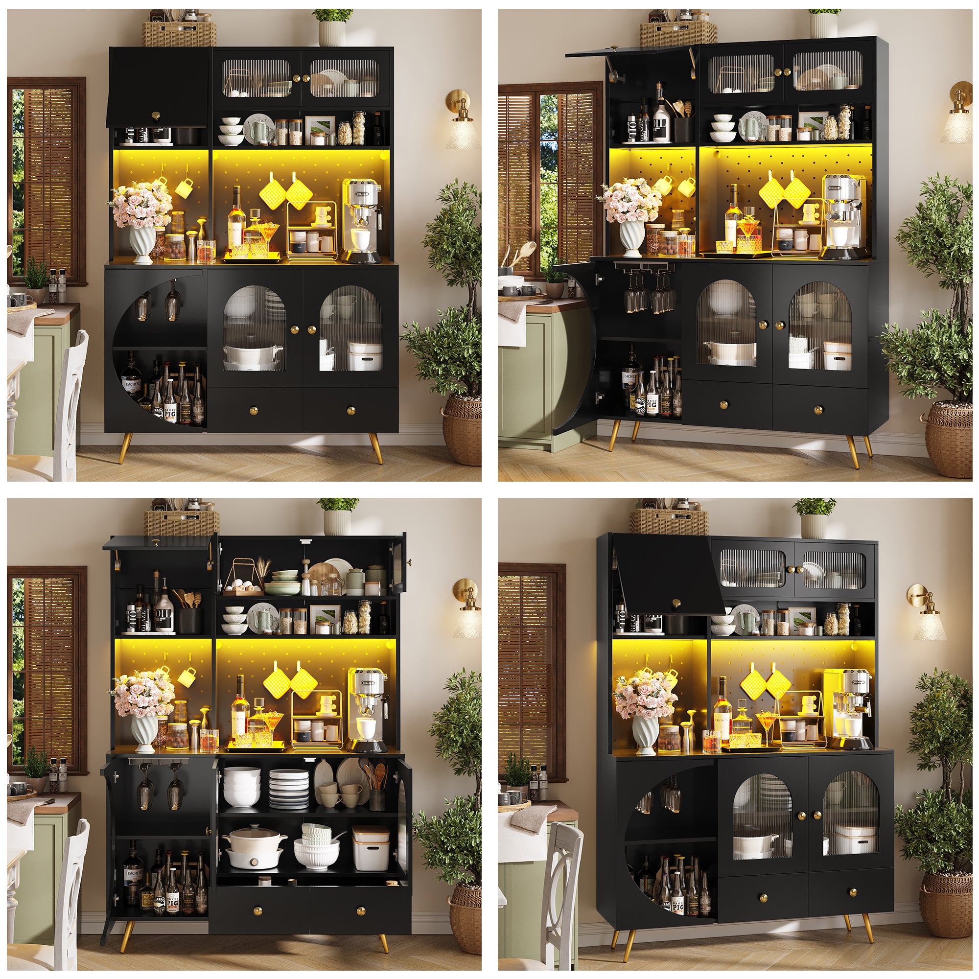 Tall Kitchen Cabinet with LED Lights & USB Ports, Modern Sideboard Storage Cabinet with Power Outlets, Perforated Wall, Drawer & Glass Shelves, for Kitchen & Living Room, 120x40x176 cm, Black