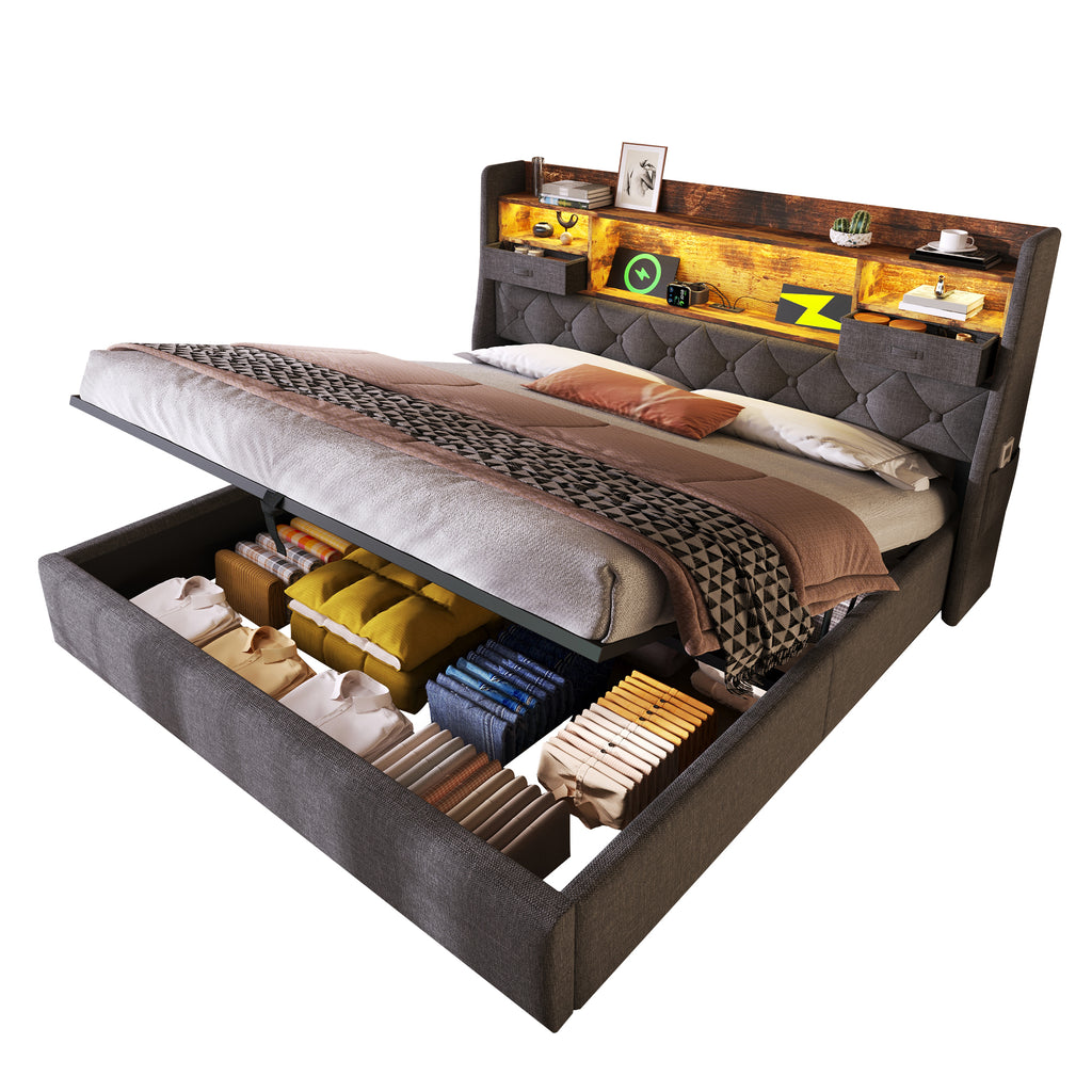 Upholstered King Bed 5ft Hydraulic Bed with LED Lighting, USB Type-C Charging, Storage Headboard for Cellphones & Tablets, 150 x 200 cm King Bed with Metal Slatted Frame, Linen, Grey (No Mattress)