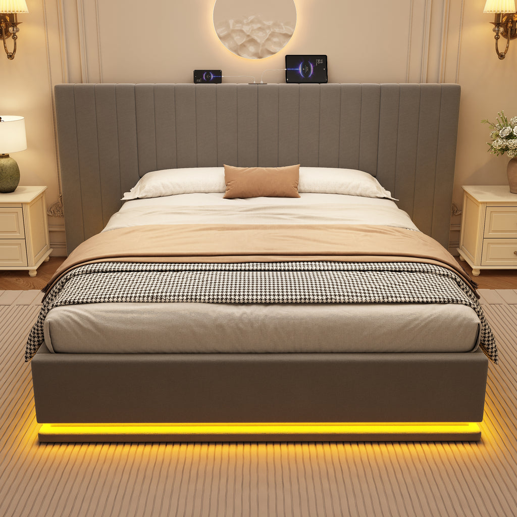 King Ottoman Bed with LED Lighting, Velvet Hydraulic Storage Bed with Charging Station, 5ft King Bed Frame Channel Tufted with Wide Headboard, USB and Type - C Ports, Grey (No Mattress)