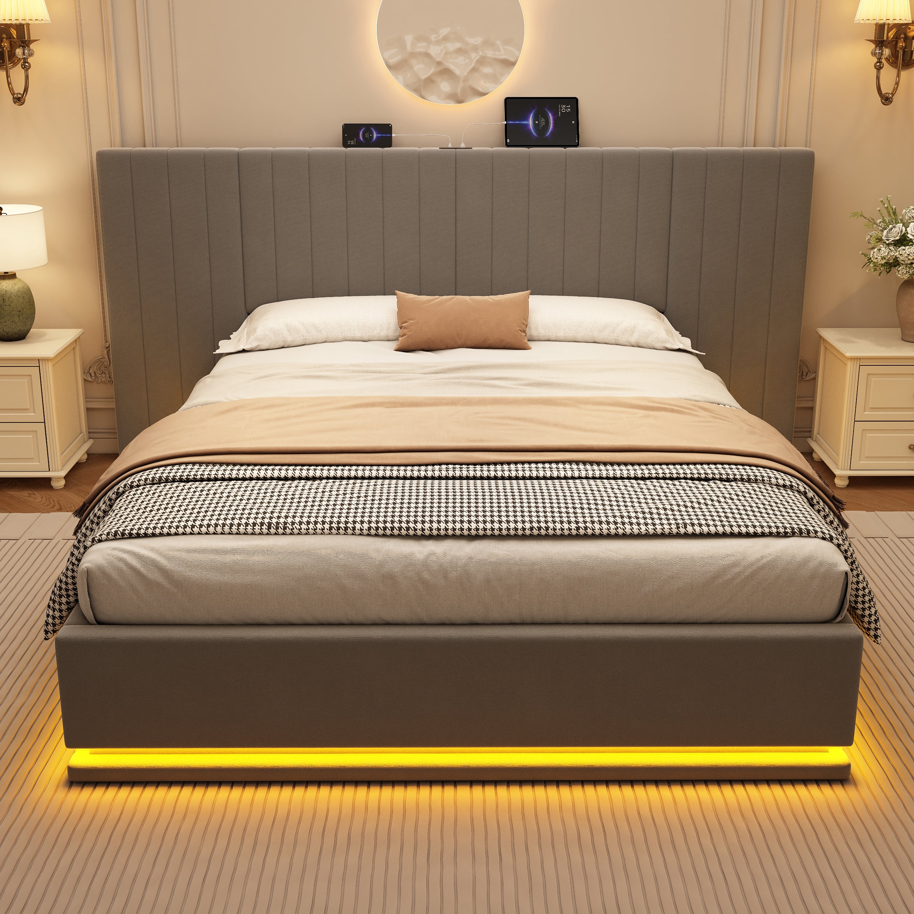 King Ottoman Bed with LED Lighting, Velvet Hydraulic Storage Bed with Charging Station, 5ft King Bed Frame Channel Tufted with Wide Headboard, USB and Type - C Ports, Grey (No Mattress)