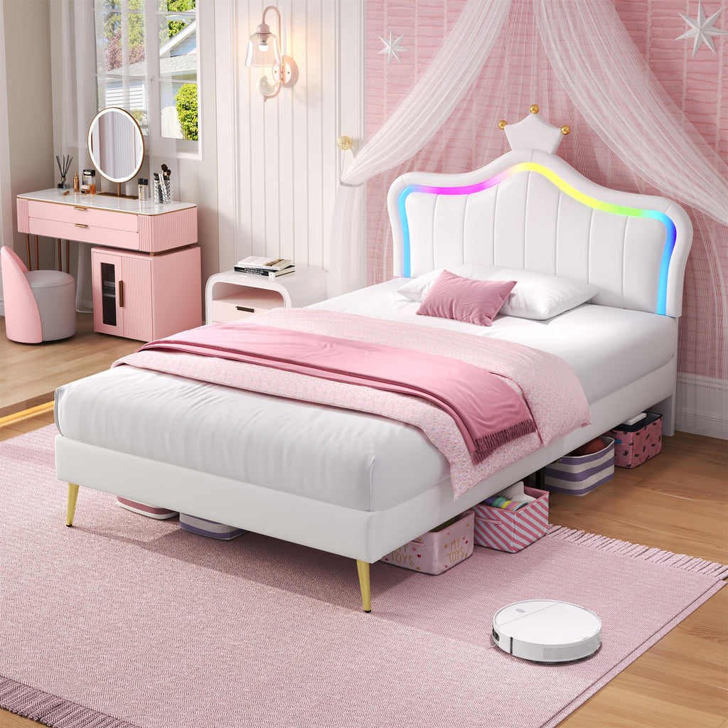 3ft Single Upholstered Bed with LED Adjustable Crown Shape Headboard, PU Leather Bed Frame with Solid Wood Slat, No Box Spring Needed, Easy Assembly, Cream White (No Mattress)