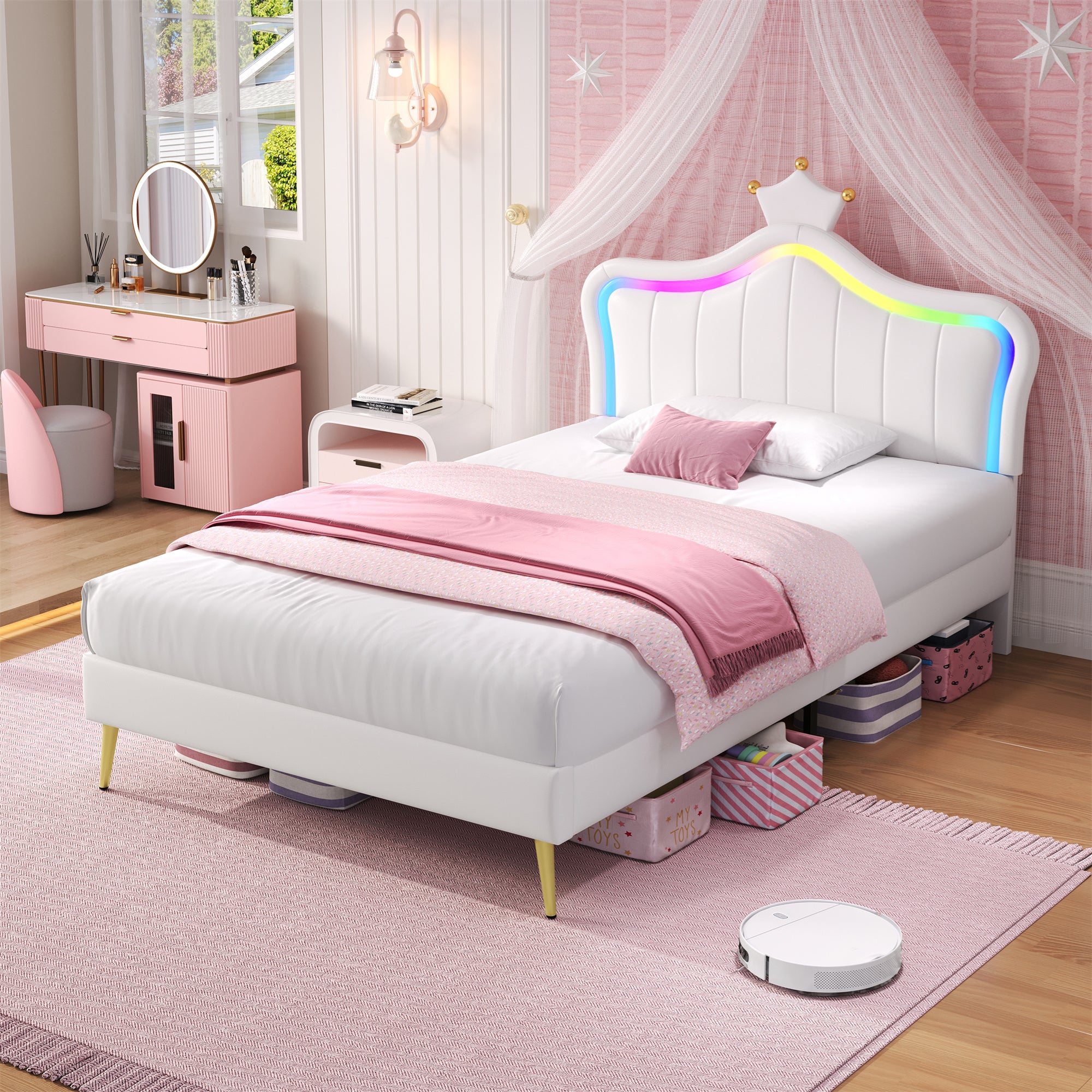 3ft Single Upholstered Bed with LED Adjustable Crown Shape Headboard, PU Leather Bed Frame with Solid Wood Slat, No Box Spring Needed, Easy Assembly, Cream White (No Mattress)