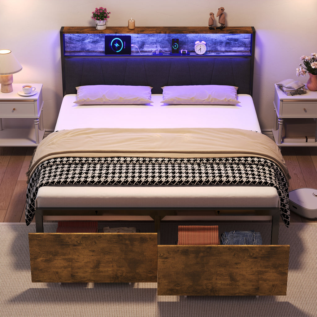 4ft6 Double Bed Frame with 2 Storage Drawers, RGB LED Storage Headboard with Charging Station, Metal Platform Bed Frame, No Box Spring Needed, Easy Assembly, Black+Walnut (No Mattress)