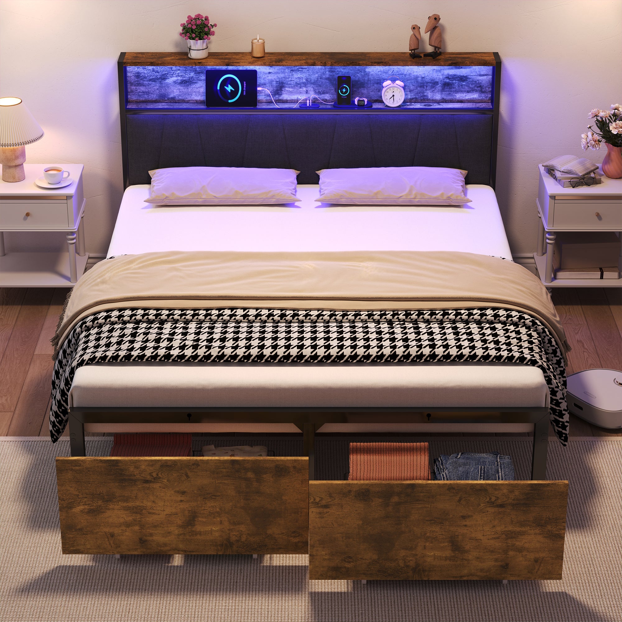4ft6 Double Bed Frame with 2 Storage Drawers, RGB LED Storage Headboard with Charging Station, Metal Platform Bed Frame, No Box Spring Needed, Easy Assembly, Black+Walnut (No Mattress)