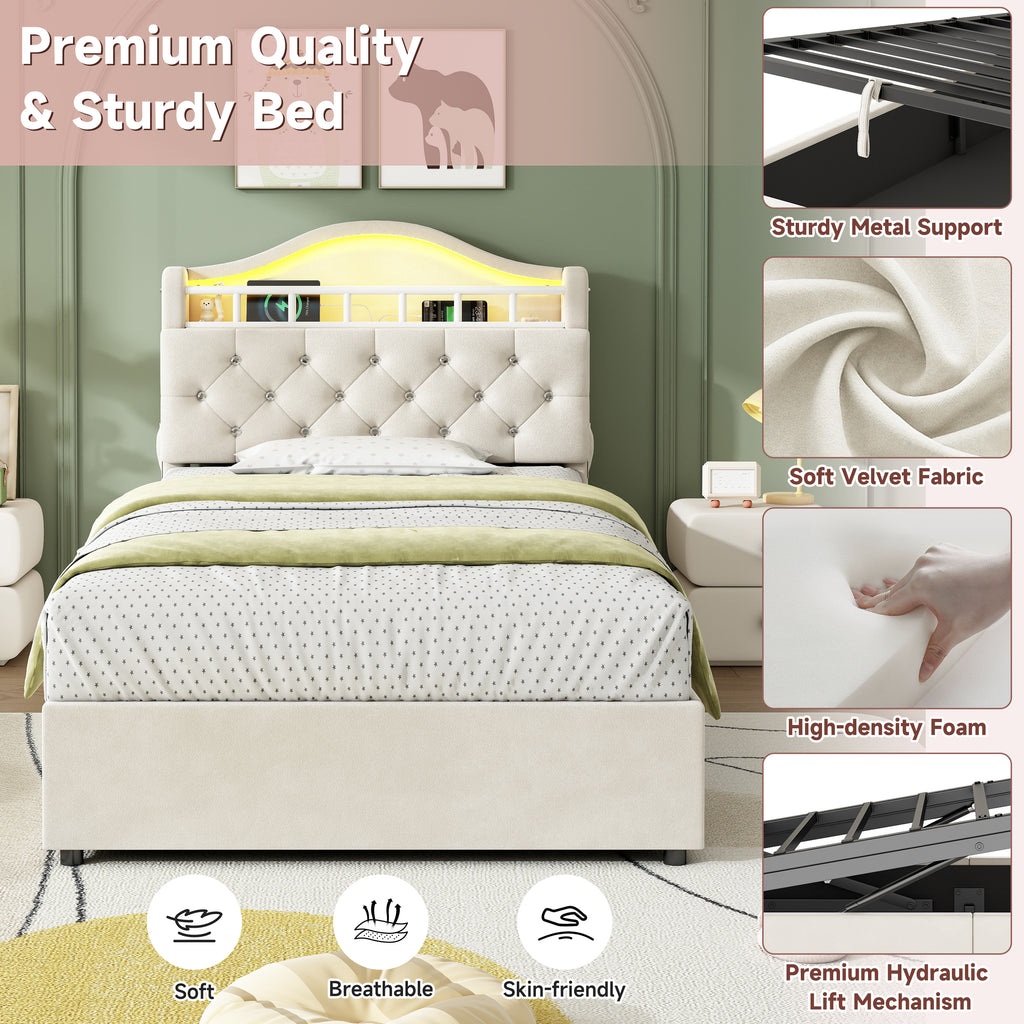 3ft Single Hydraulic Bed in Velvet, LED Bed Frame with Charging Station & Diamond Tufted Headboard, Multi-zone Storage, Solid & Stable Base,Beige (No Mattress)