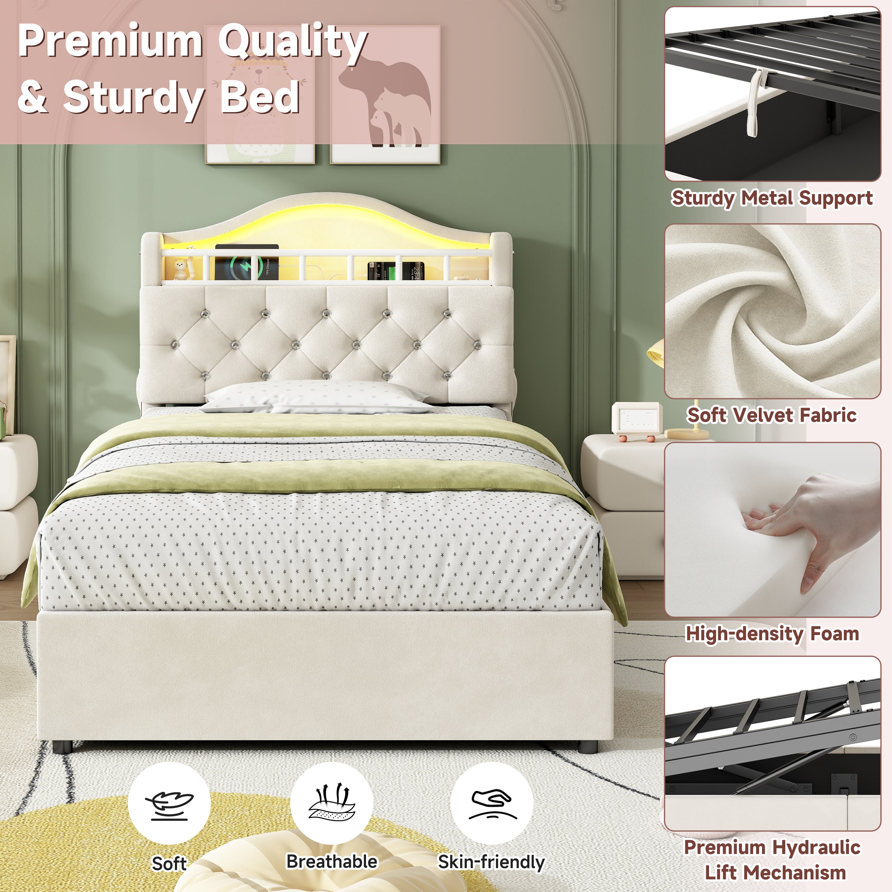 3ft Single Hydraulic Bed in Velvet, LED Bed Frame with Charging Station & Diamond Tufted Headboard, Multi-zone Storage, Solid & Stable Base,Beige (No Mattress)