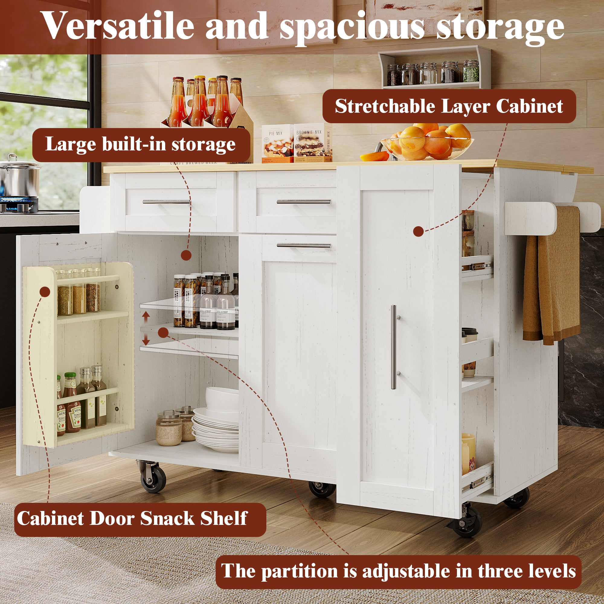 Modern kitchen island, kitchen cabinet, buffet cabinet, dining cart with wood grain, dining table with storage space, dining cart with snack shelves and stretch function cabinets, white