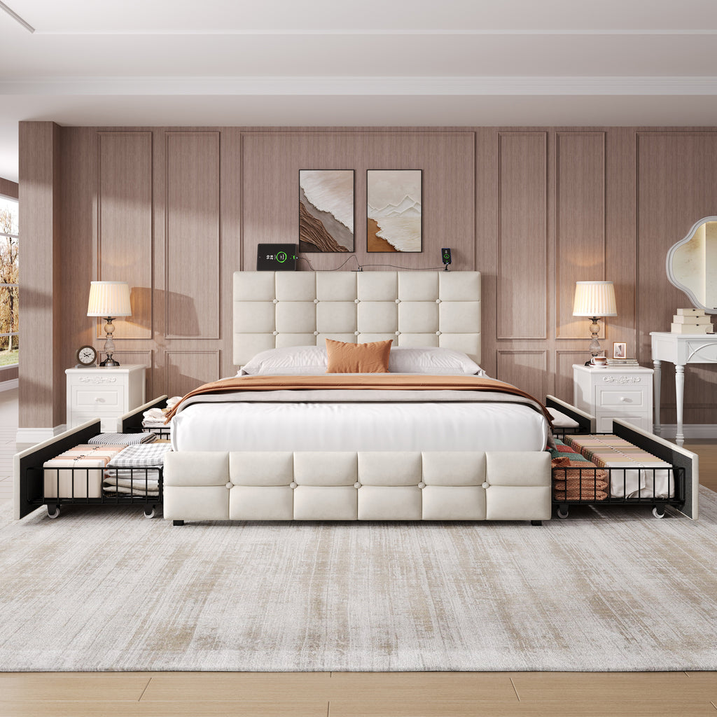 4ft6 Double Upholstered Bed with 4 Storage Drawers, Velvet Bed Frame with Charging Station. Adjustable Button Tufted Headboard with USB and Type - C Ports, No Box Spring Needed, Beige (No Mattress)
