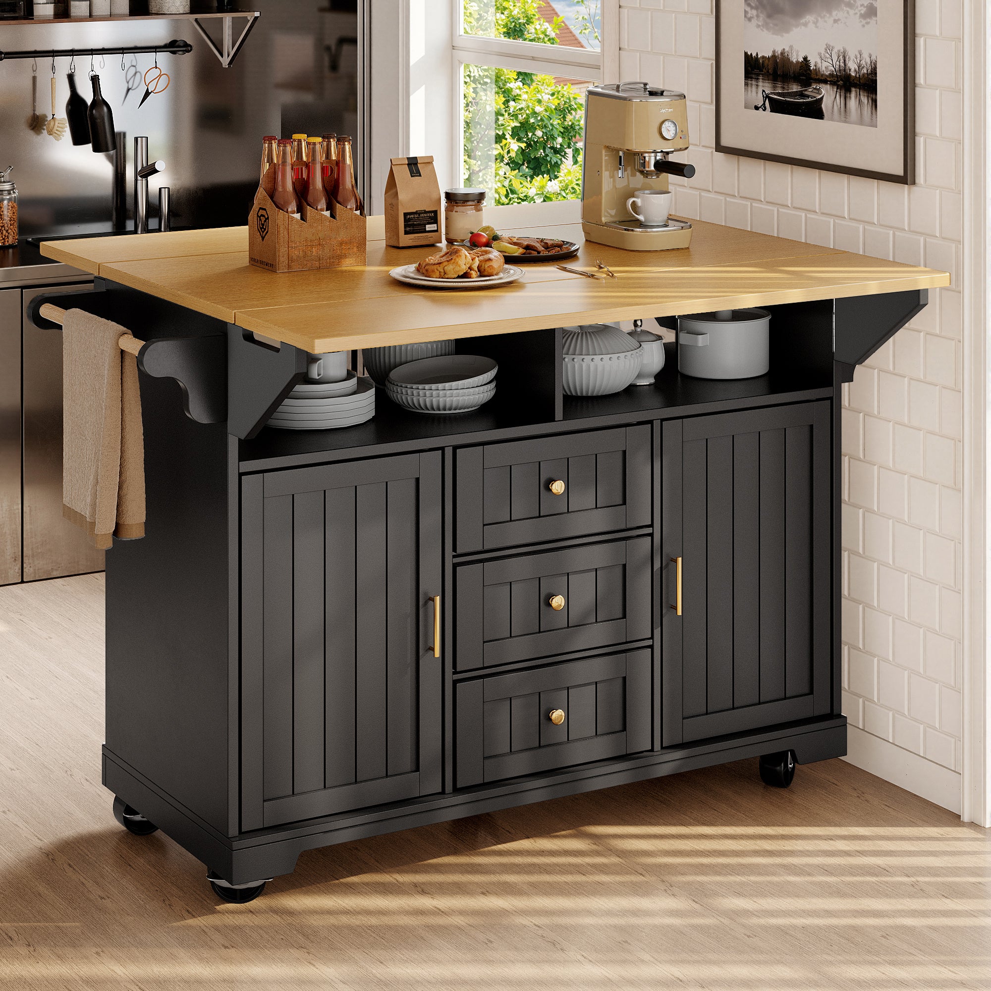 Kitchen island, cabinet, sideboard 120 x 40 (80) x 95 cm, extendable kitchen trolley with casters, extendable on both sides, with towel rail and spice rack, two doors, three drawers, black/white