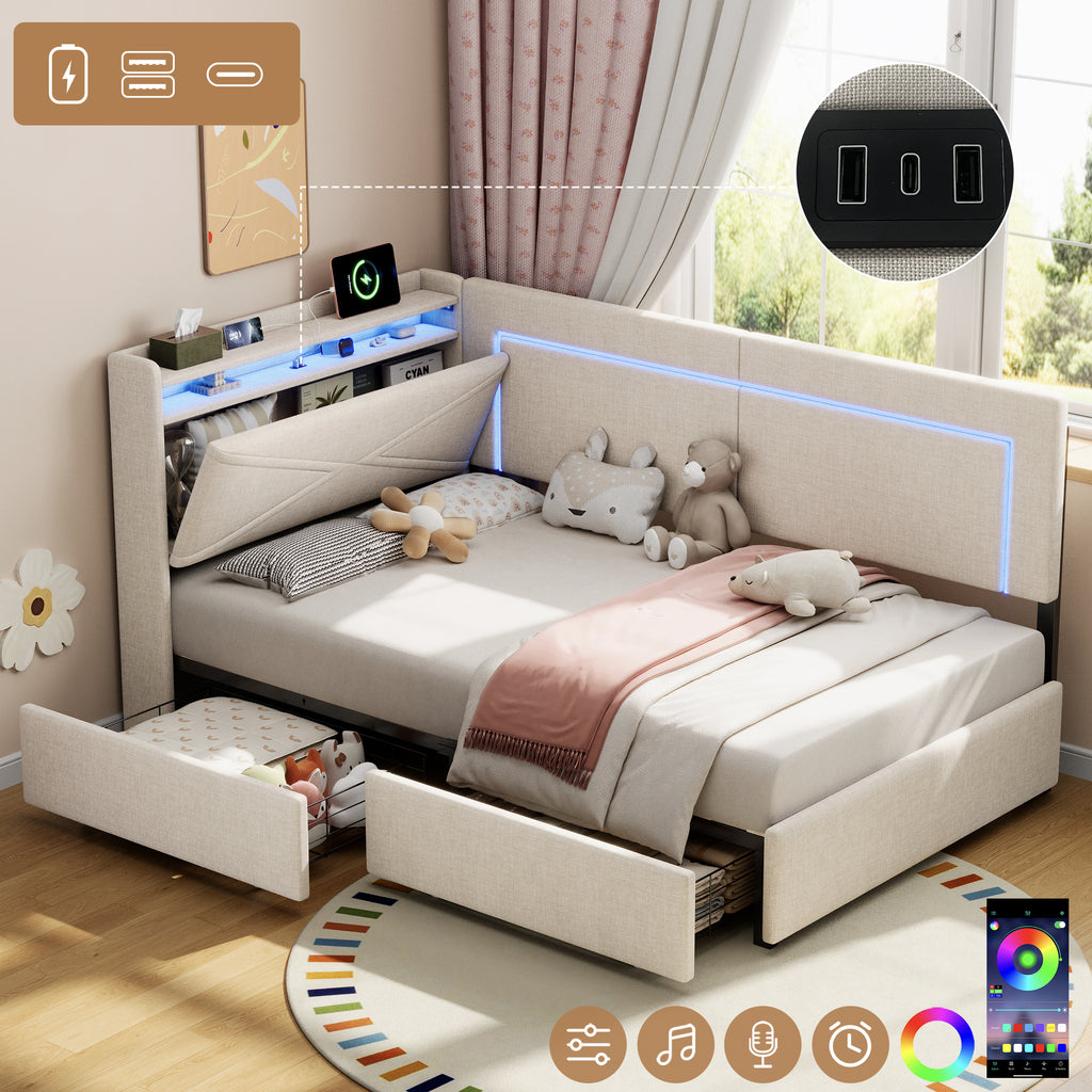 3ft Single Daybed with Two Storage Drawers, LED Concealed Headboard Storage with Charging Station, Modern Linen Sofa Bed for Living Room/ Bedroom/ Study Room, 90X190cm, Beige (No Mattress)