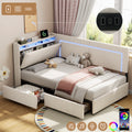 3ft Single Daybed with Two Storage Drawers, LED Concealed Headboard Storage with Charging Station, Modern Linen Sofa Bed for Living Room/ Bedroom/ Study Room, 90X190cm, Beige (No Mattress)