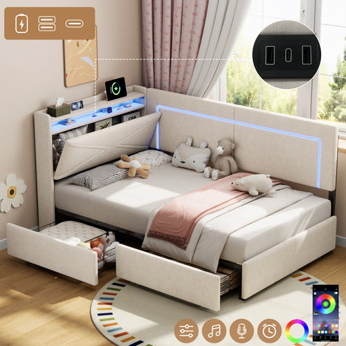 3ft Single Daybed with Two Storage Drawers, LED Concealed Headboard Storage with Charging Station, Modern Linen Sofa Bed for Living Room/ Bedroom/ Study Room, 90X190cm, Beige (No Mattress)