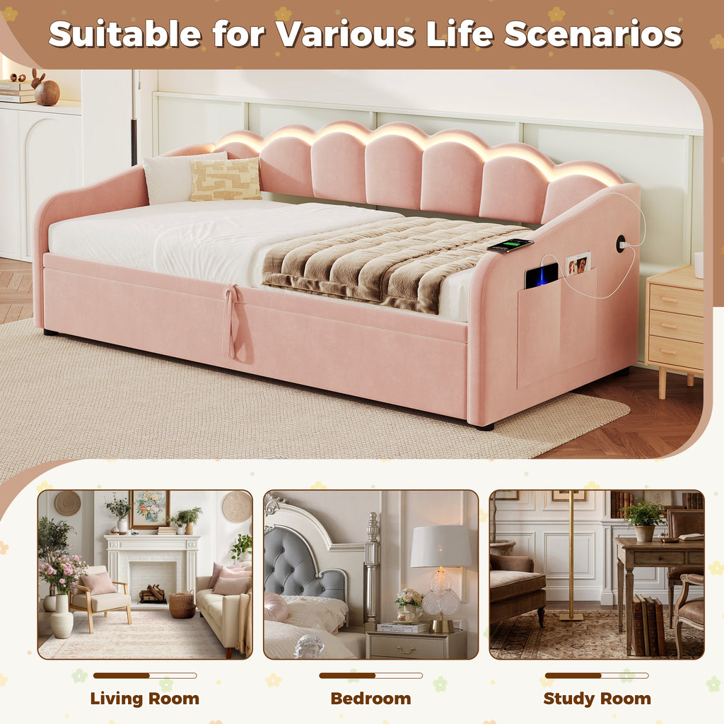 Upholstered Bed 90x190cm, Daybed, RGB LED Sofa Bed with Charging Station, 3ft Petal Shape Single Bed with Hydraulic Storage for Living Room/ Bedroom/ Study Room, Velvet, Pink (No Mattress)