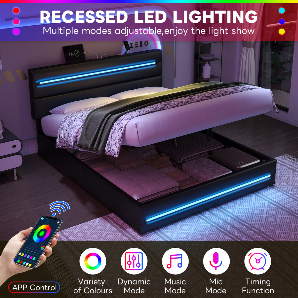 5ft King Upholstered Bed Frame with Hydraulic Storage, PU Ottoman Bed with LED Lighting and Charging Station, LED Adjustable Headboard with USB and Type - C Ports, Black (No Mattress)