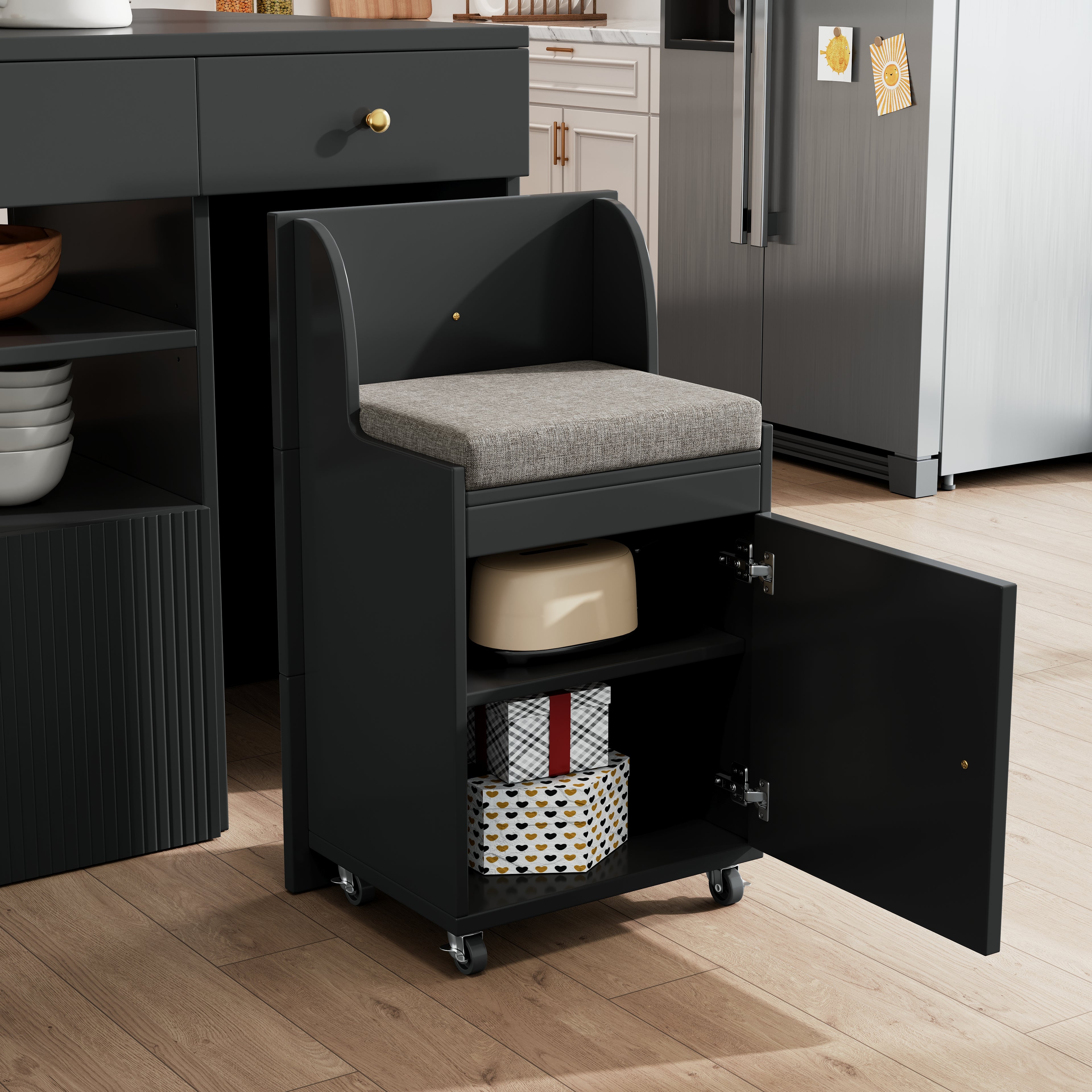 Adjustable Kitchen Island with Bar Stools - Sideboard & Cabinet with 6 Drawers, Width 140-70cm, White/Black
