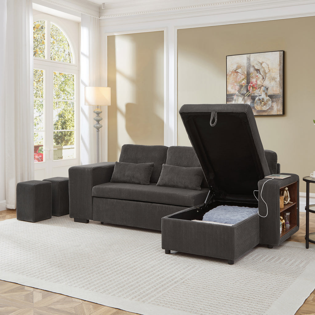 Modern L-Shaped Convertible Sofa Bed, 3-in-1 Convertible Sofa Bed with Internal Storage Chaise, Nesting Footstools, Integrated Charging Station & Adjustable Armrest Side Storage, Corduroy Fabric, Grey