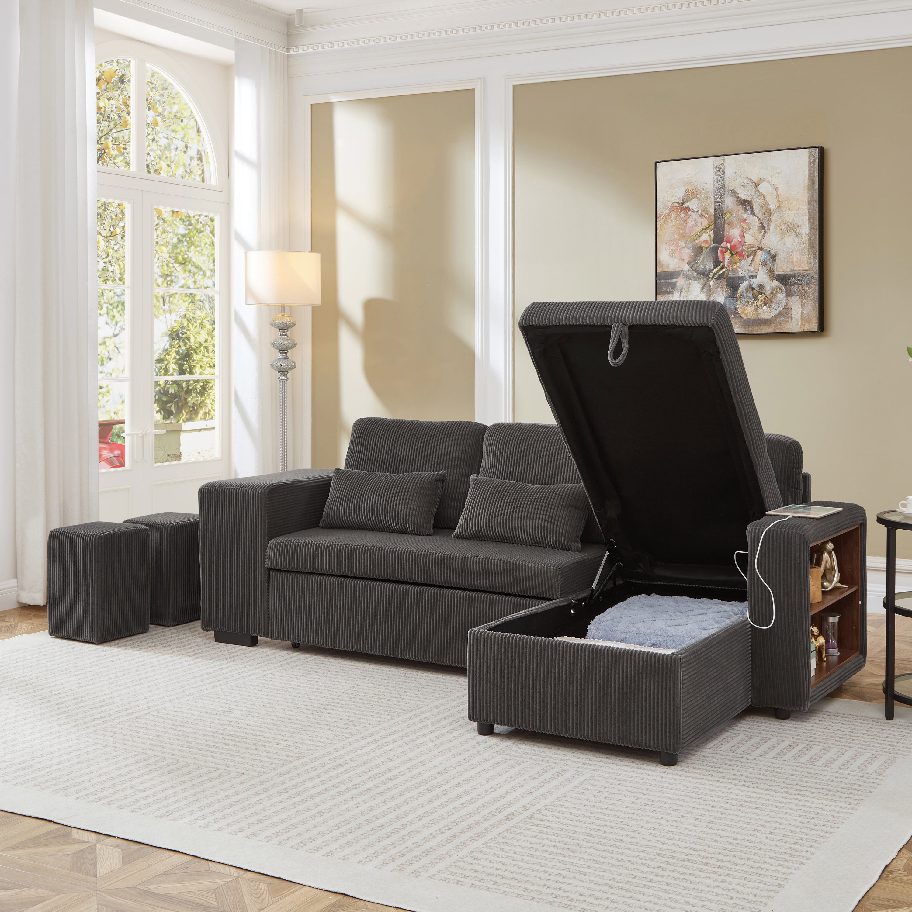 Modern L-Shaped Convertible Sofa Bed, 3-in-1 Convertible Sofa Bed with Internal Storage Chaise, Nesting Footstools, Integrated Charging Station & Adjustable Armrest Side Storage, Corduroy Fabric, Grey
