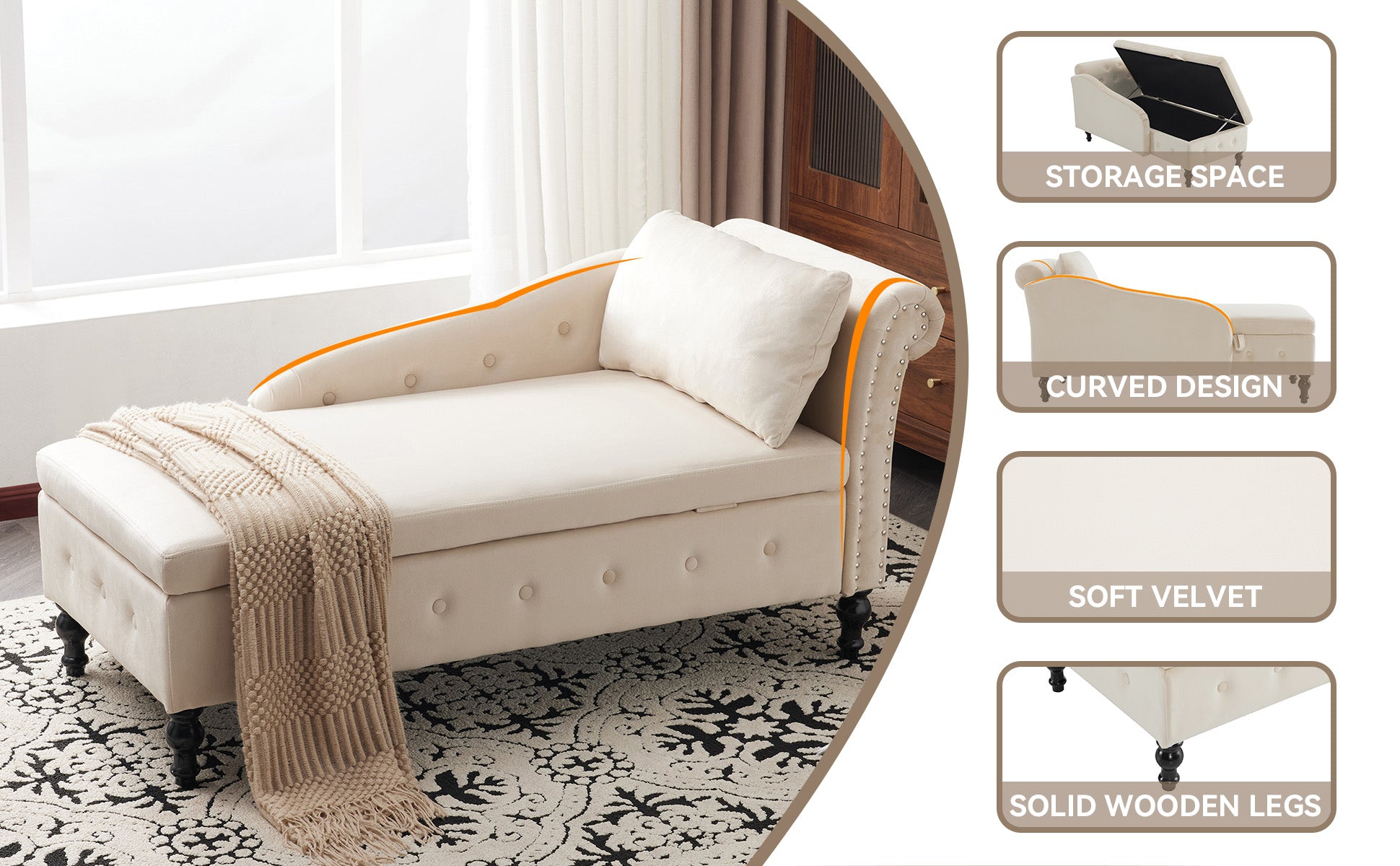 Velvet Chaise Lounge Sofa with Storage, Upholstered Chaise lounge Couch with Pillow for Living Room, Modern Nailhead-Trim & Button-tufted Lounge Chair, Bedroom and Office, Right Armrest