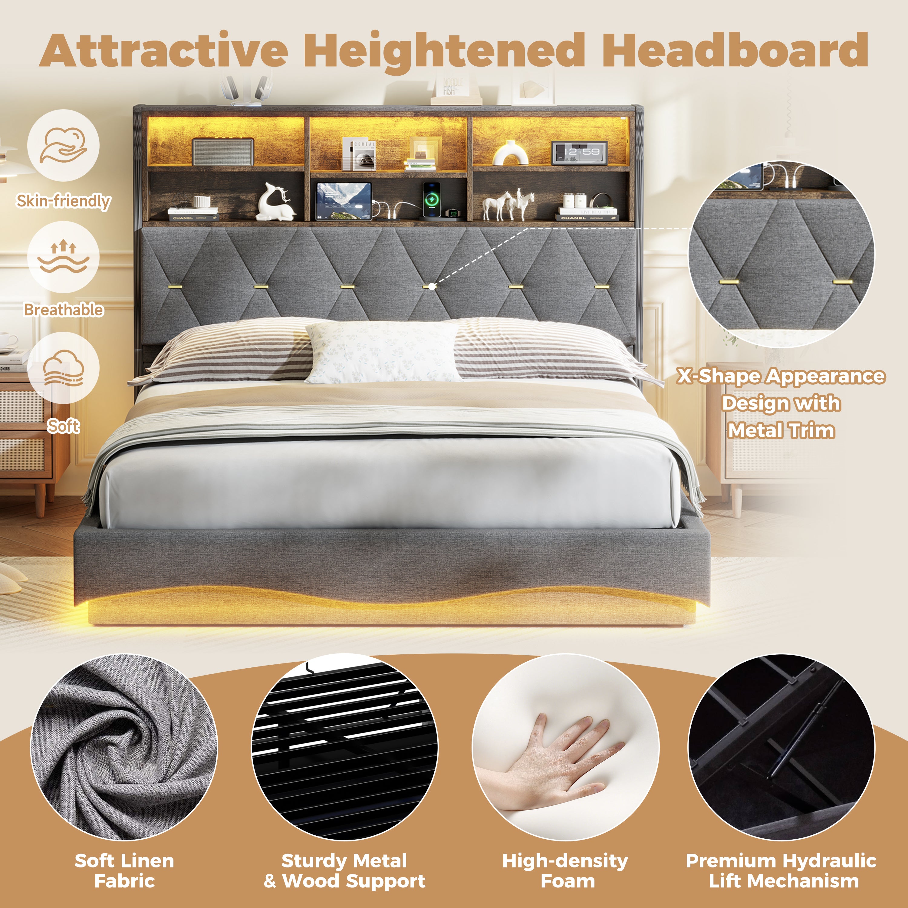 5ft King Upholstered Bed Frame with Hydraulic Storage, Wavy LED Heightened Headboard with Charging Station, USB and Type - C Ports, Linen, No Box Spring Needed, Grey (No Mattress)