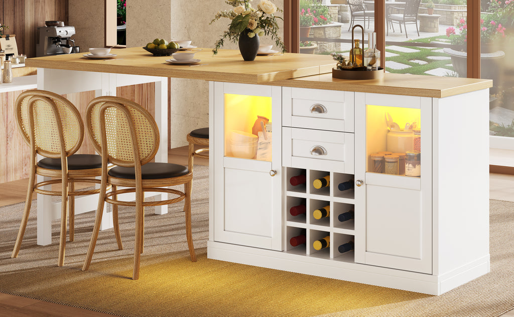 Extendable Sideboard with LED Lights, 120-197cm Adjustable Dining Table with Storage, 2 Drawers & Glass Cabinet doors, White/Black