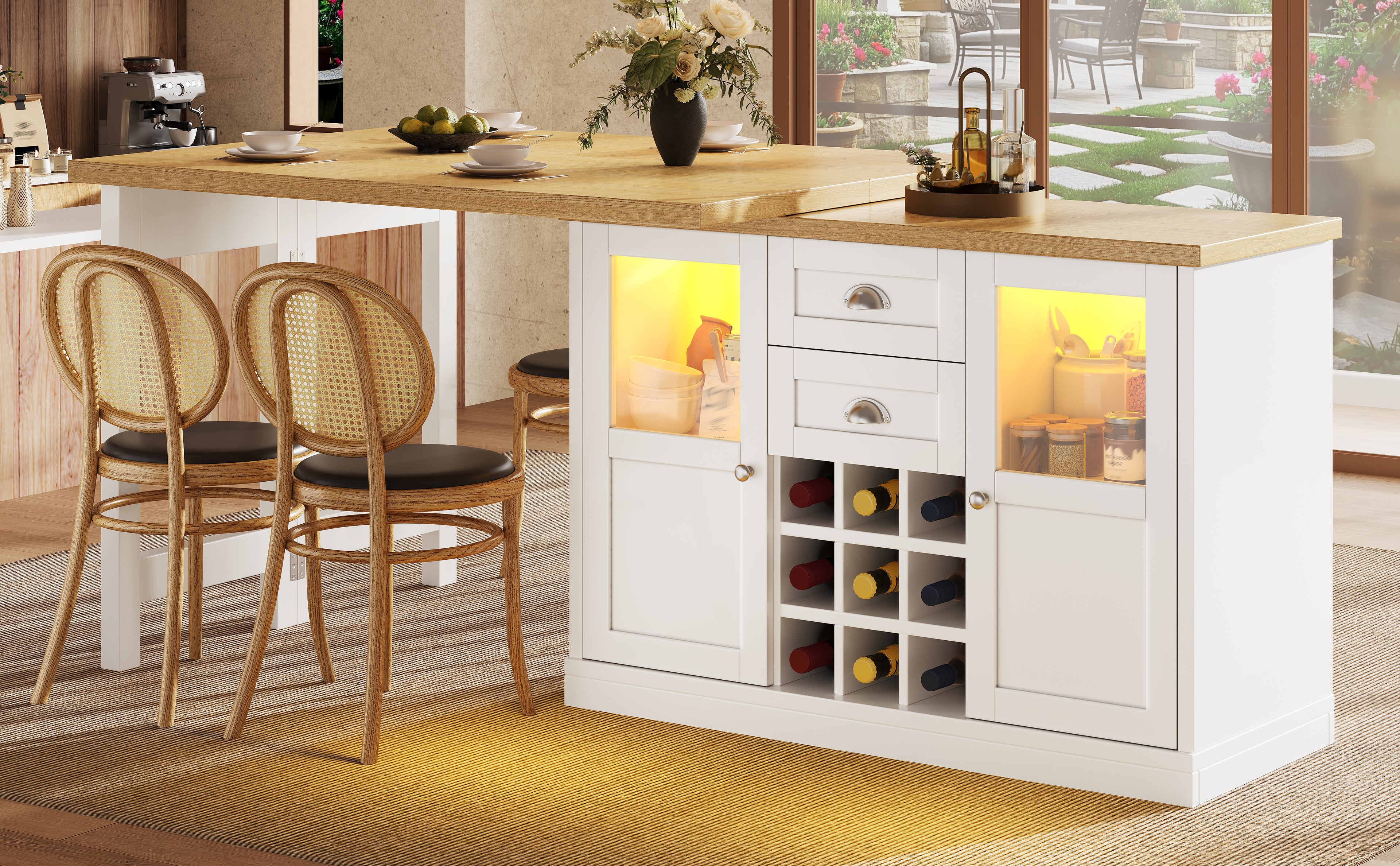 Extendable Sideboard with LED Lights, 120-197cm Adjustable Dining Table with Storage, 2 Drawers & Glass Cabinet doors, White/Black