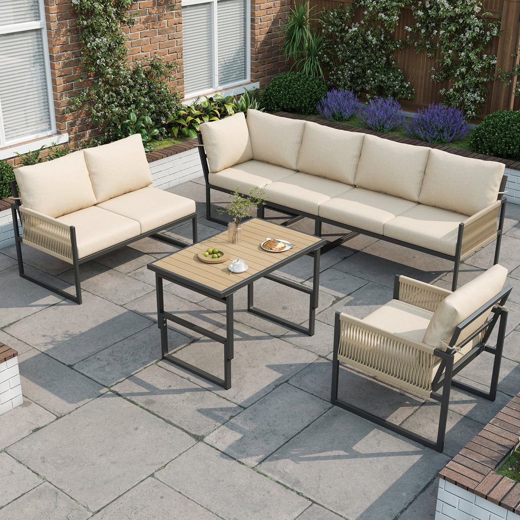 6-7 Seater Garden Furniture Set with Height Adjustable Rising Coffee Table, Corner Sofa with Polyester Rope, Weatherproof Outdoor Patio Dining Lounge Set for Balcony and Terrace, Beige