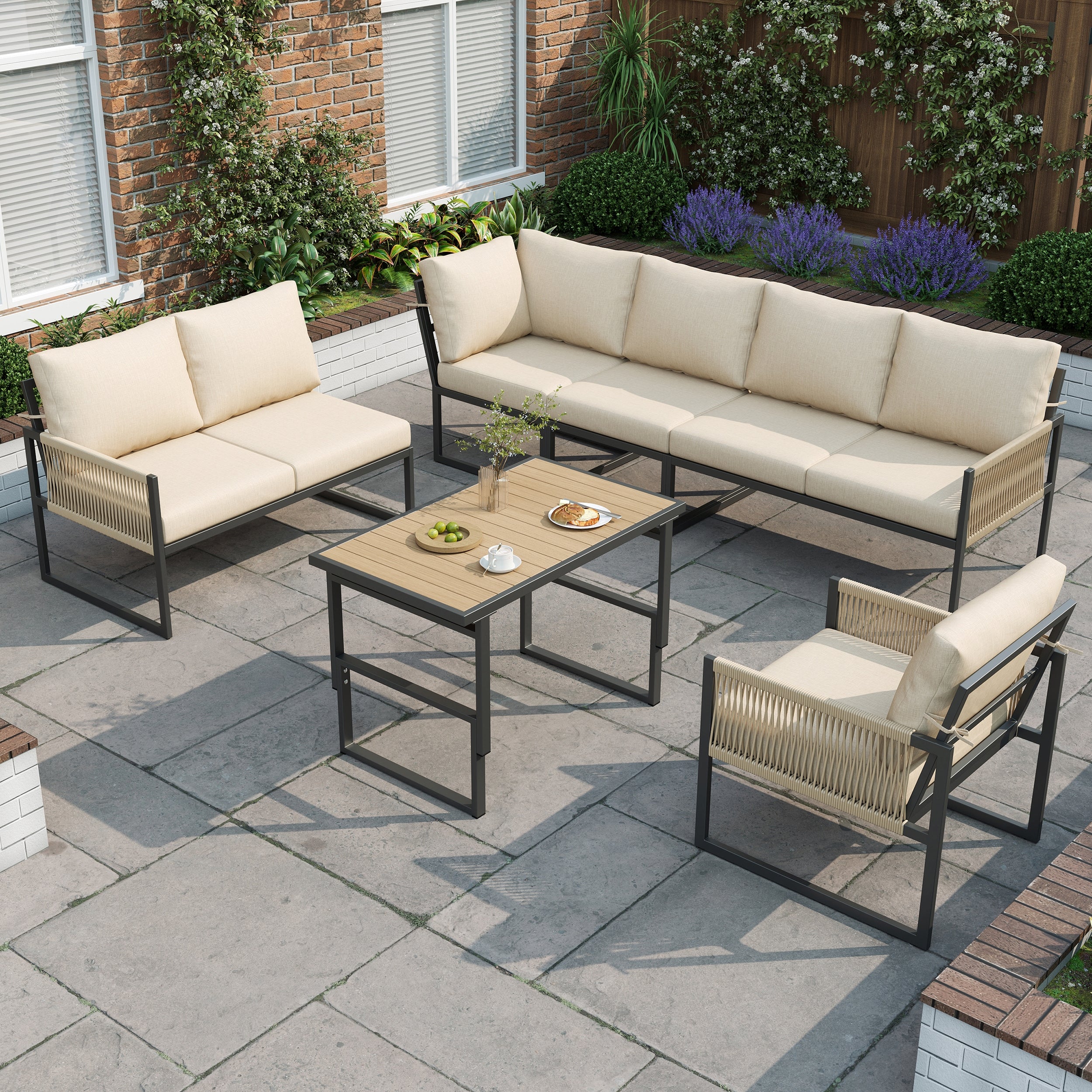 6-7 Seater Garden Furniture Set with Height Adjustable Rising Coffee Table, Corner Sofa with Polyester Rope, Weatherproof Outdoor Patio Dining Lounge Set for Balcony and Terrace, Beige