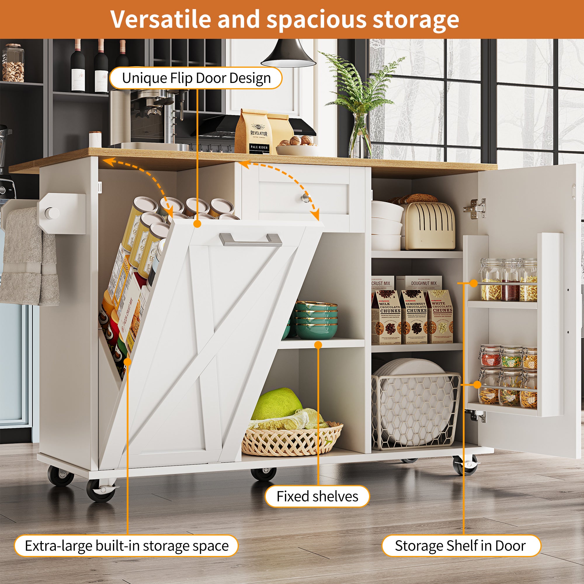 Modern kitchen island,cabinet for rubbish bins, multifunctional dining table with storage space, serving trolley with snack shelves and stretch function cabinets, white(Excluding the dustbin)