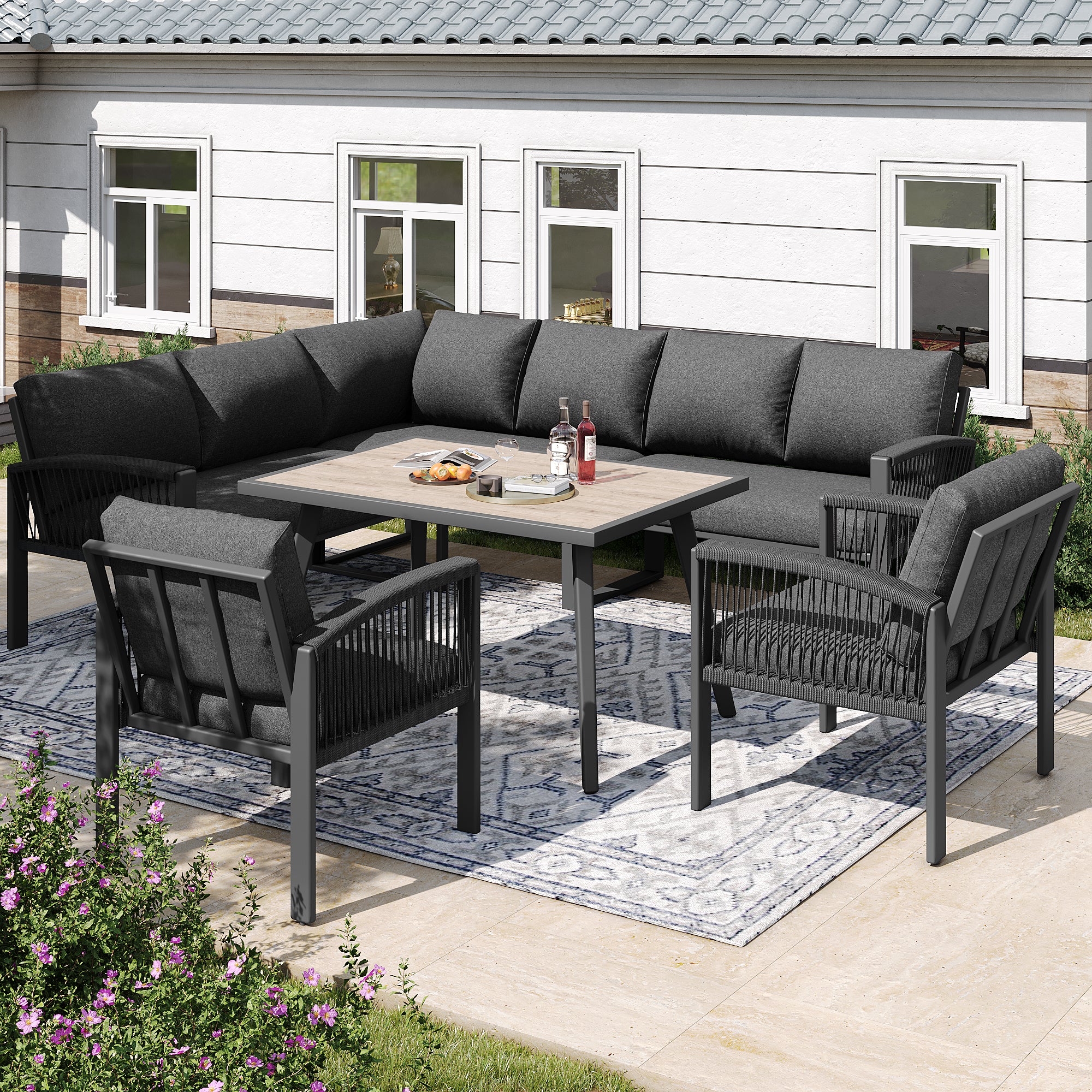 Garden Lounge Set, Furniture Set for 8 People, Ropework, Large Table with Wood Grain Finish, Galvanized Iron Frame, Adjustable Legs, All Seat and Back Cushions Included, Gray