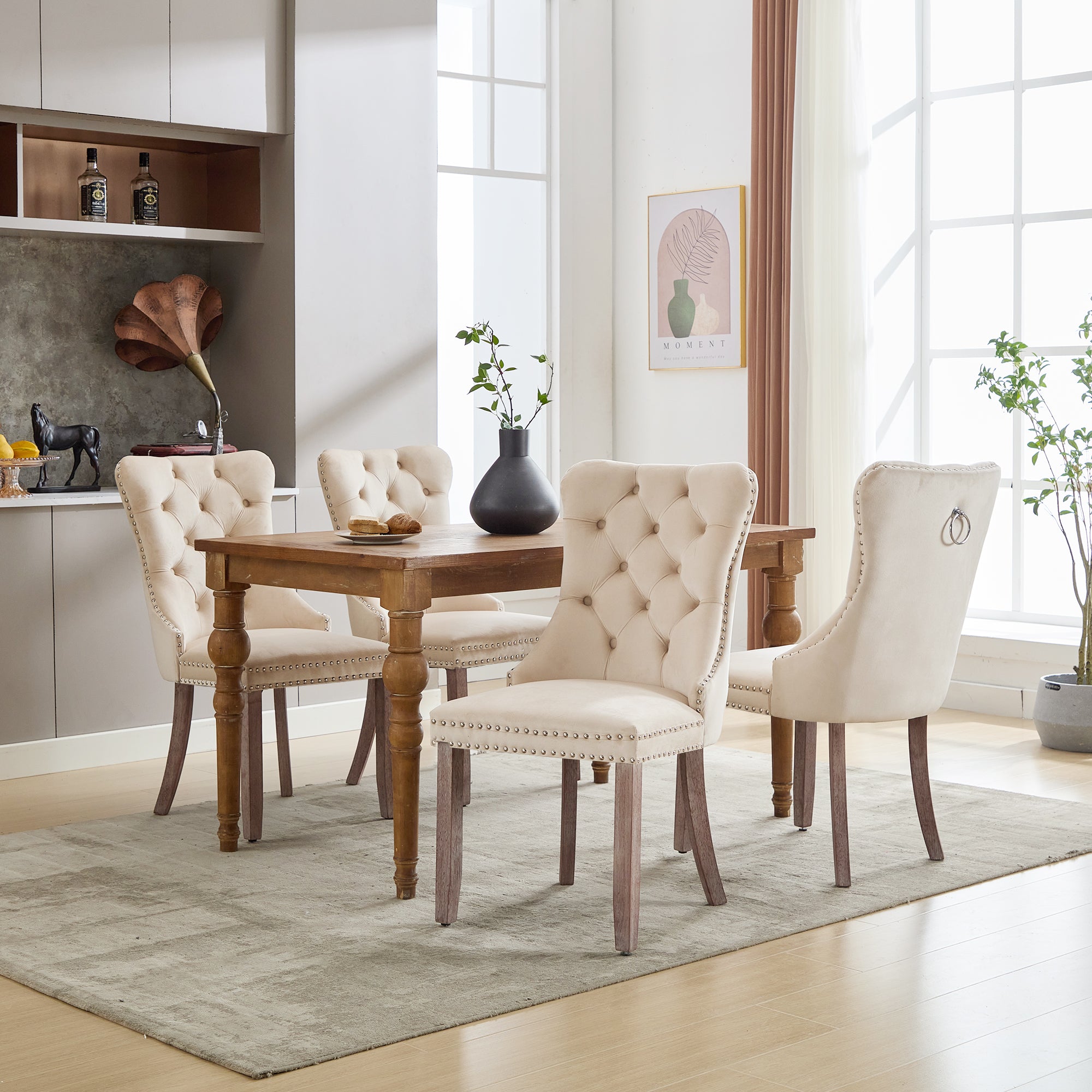 Modern Set of 4 Upholstered Velvet Dining Chairs, Button Tufted Kitchen Lounge Chairs with Brushed Wood Legs, Riveted Trim and Knocker Ring, for Dining Room Living Room, Beige