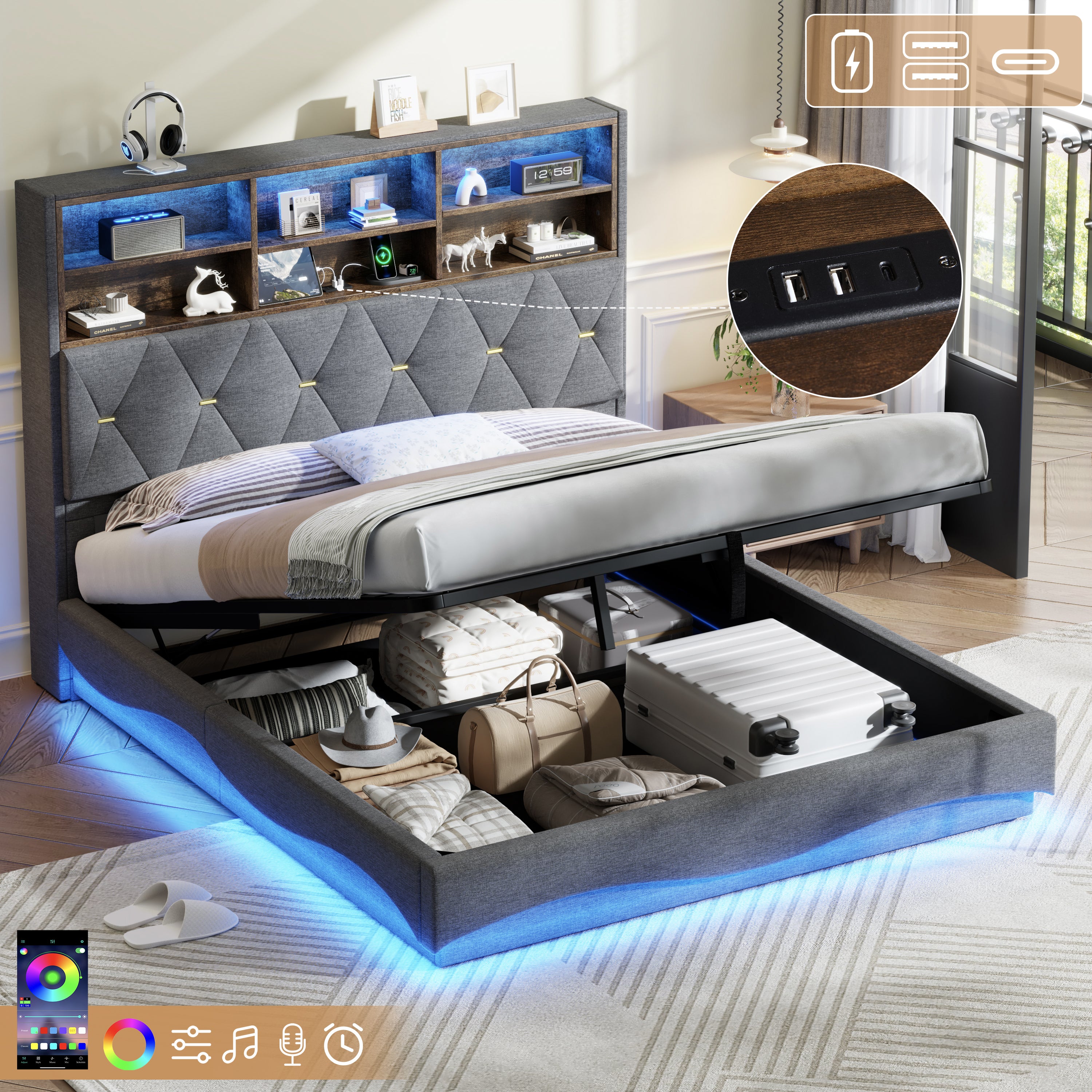 5ft King Upholstered Bed Frame with Hydraulic Storage, Wavy LED Heightened Headboard with Charging Station, USB and Type - C Ports, Linen, No Box Spring Needed, Grey (No Mattress)