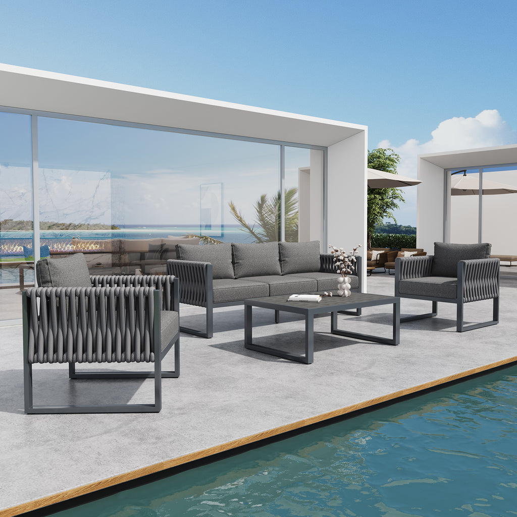 Garden Furniture Set Outdoor Sofa 5-Seater, Garden Lounge Set with Adjustable Feet, Cushions and Stainless Metal Frame for Balcony Terrace, Gray