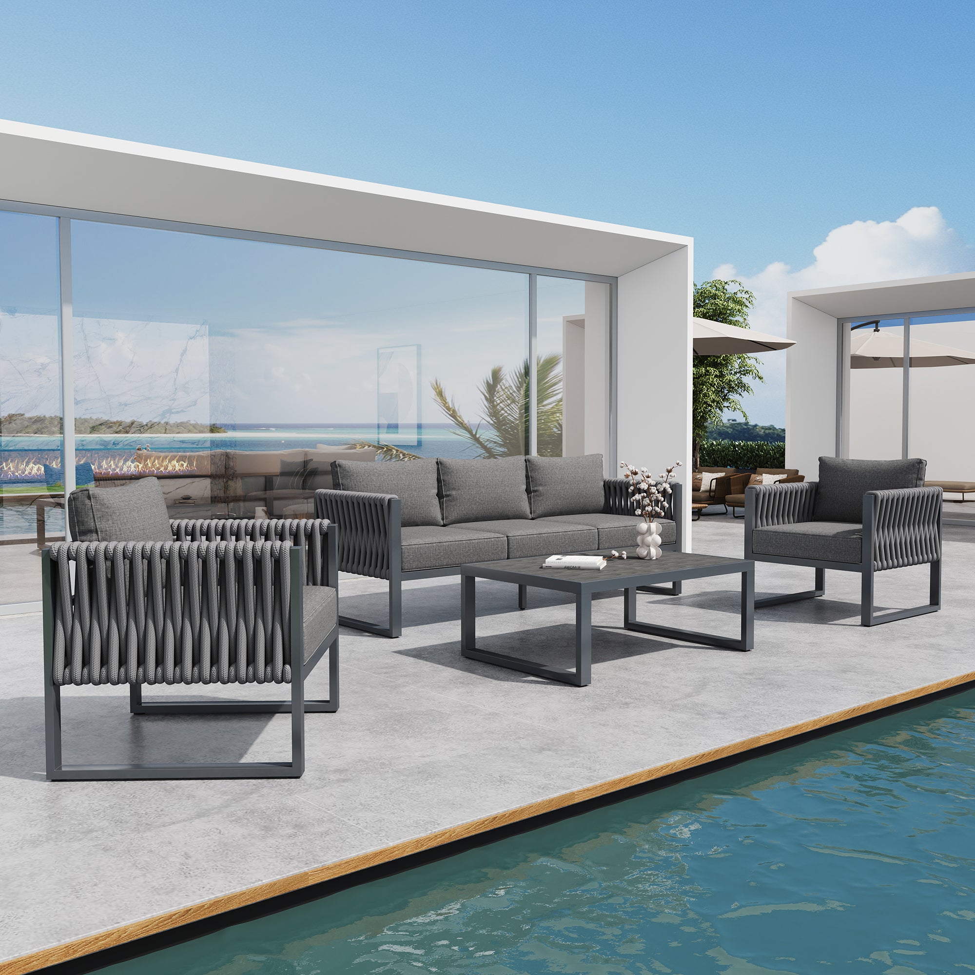 Garden Furniture Set Outdoor Sofa 5-Seater, Garden Lounge Set with Adjustable Feet, Cushions and Stainless Metal Frame for Balcony Terrace, Gray
