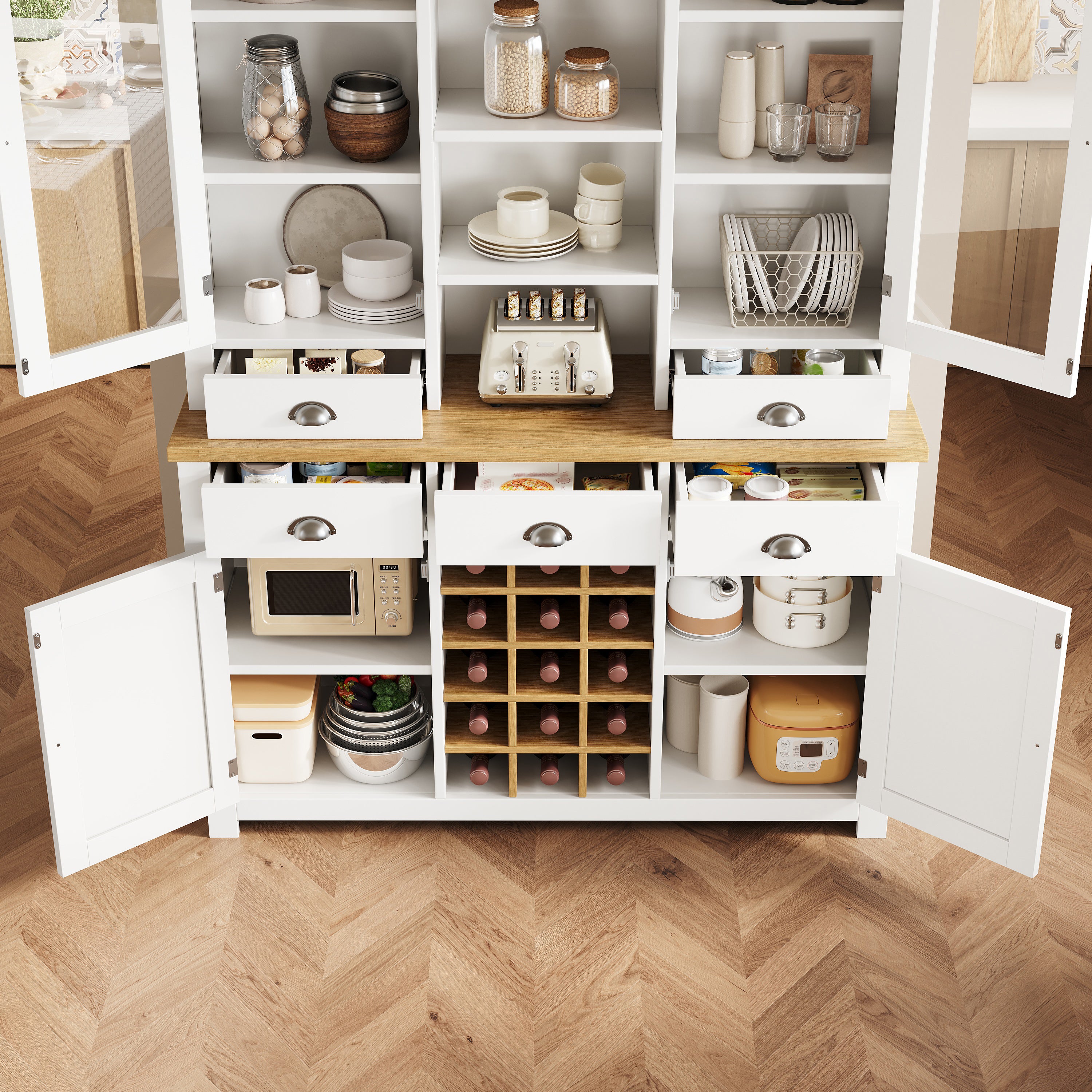Kitchen Pantry Cabinet with Wine Rack, 185cm Tall Storage Cabinet with Glass Doors, 5 Drawers & Adjustable Shelves, White