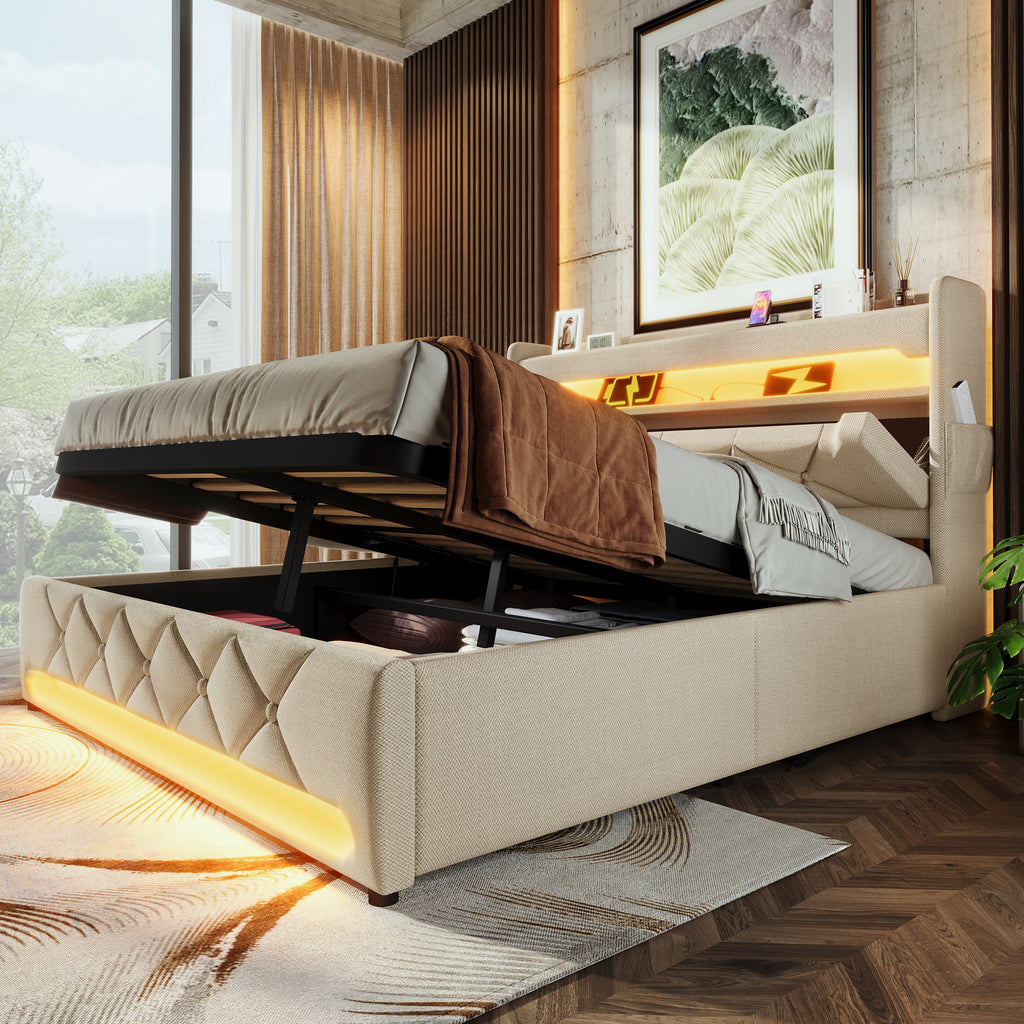 Upholstered Bed 135 x 190 cm with LED Lighting, USB Type-C Charging, Storage Headboard for Cellphones and Tablets, 4ft6 Hydraulic Storage Bed with Metal Slatted Frame, Linen, Beige (No Mattress)