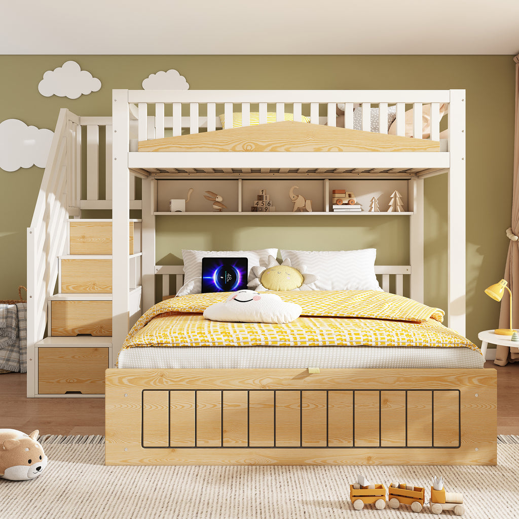 Offset Bunk Beds for Kids, Staircase Bunk with Hydraulic Storage & USB Charging, Children's Bed Double Bed for Family with Multiple Children, (90+135) x 190 cm, White & Natural