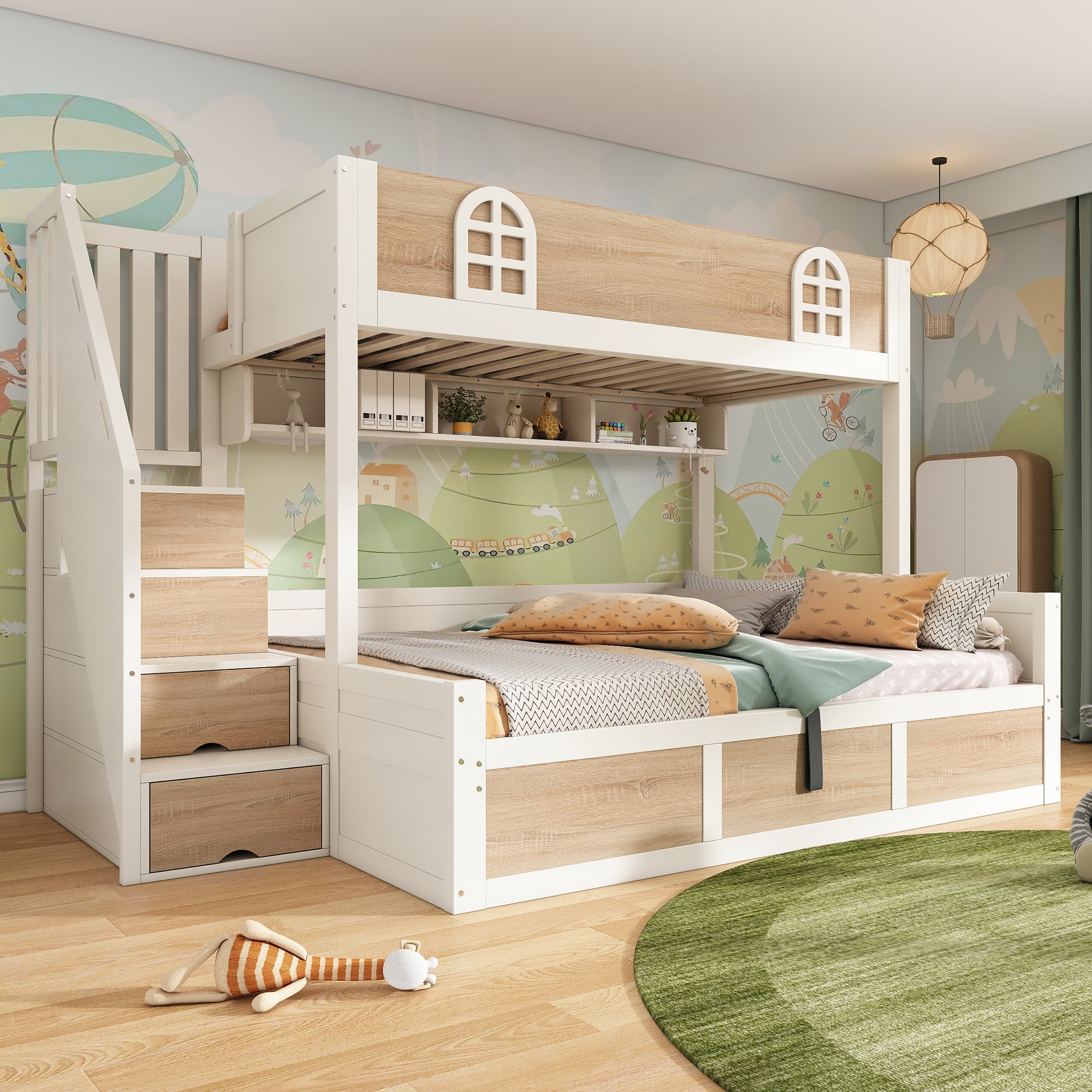 Bunk Beds for Kids, Staircase Bunk with Hydraulic Storage, Children's Bed with Storage Cube, Double Bunk Bed for Family with Multiple Children, (90+135) x 190 cm, Solid Wood, White & Natural