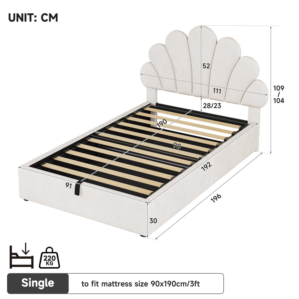 3ft Single Upholstered Hydraulic Bed with Adjustable Chic Petal Headboard, Soft Velvet Bed Frame with Hydraulic Storage, Petal Bed with Solid Wood Slat, No Box Spring Needed, Beige (No Mattress)