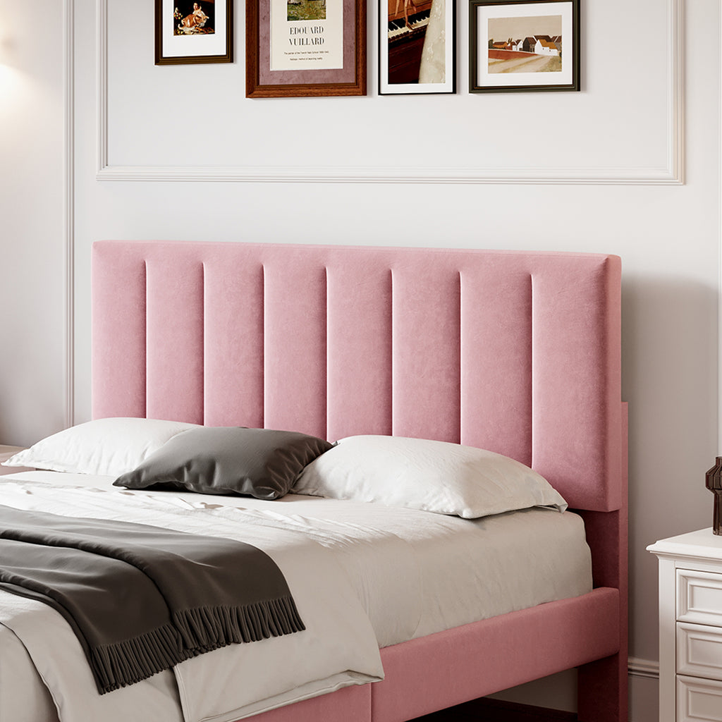 4ft6 Double Upholstered Velvet Bed Frame, with Adjustable Channel Tufted Headboard, Velvet Platform Bed Frame with Solid Wood Slat and Mute Foam, No Box Spring Needed, Easy Assembly, Pink