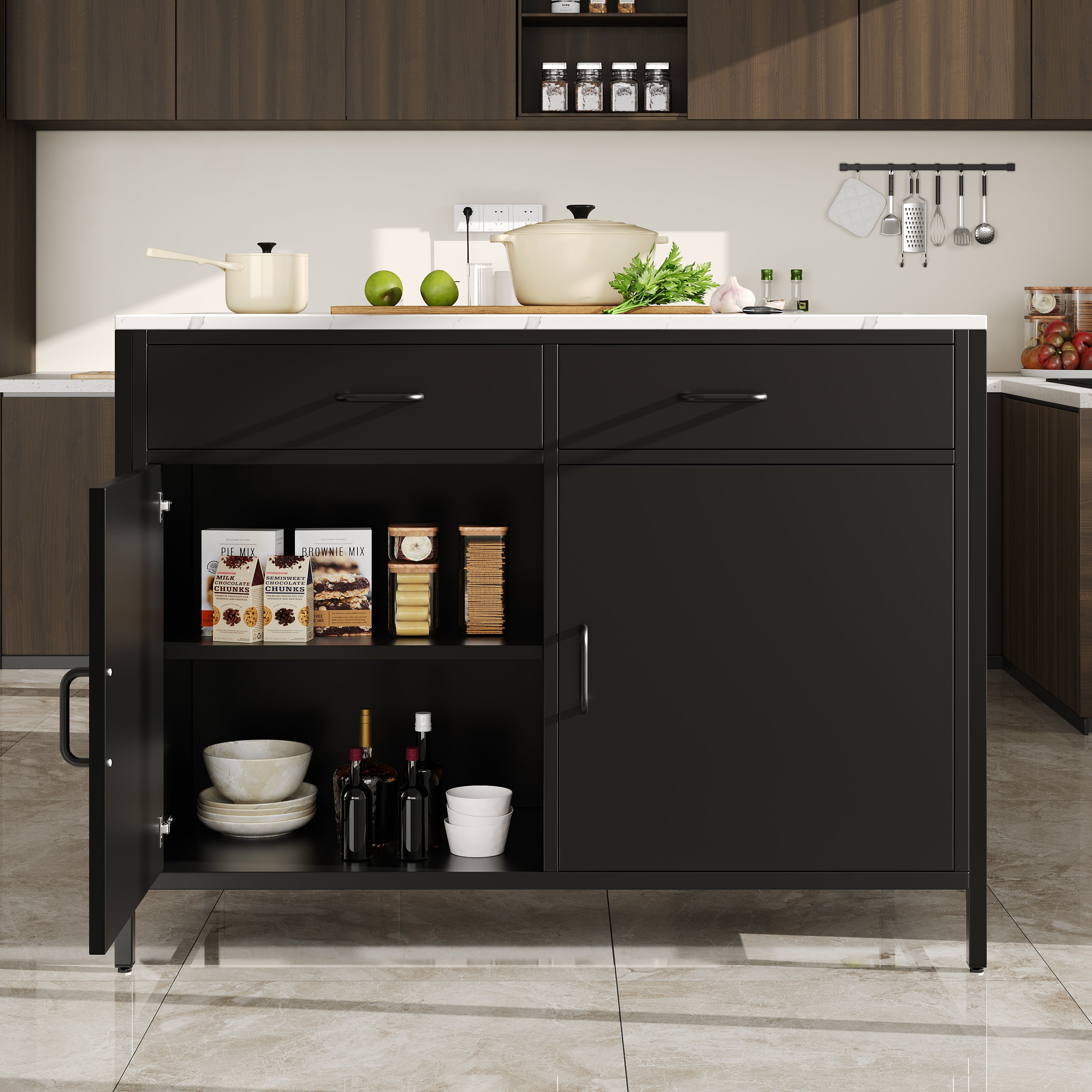Standing Desk, Kitchen Countertop, Simple and Modern, Coffee Bar Table, Suitable for Living Room, Dining Room, Marble Pattern Tabletop, Adjustable Feet, Black