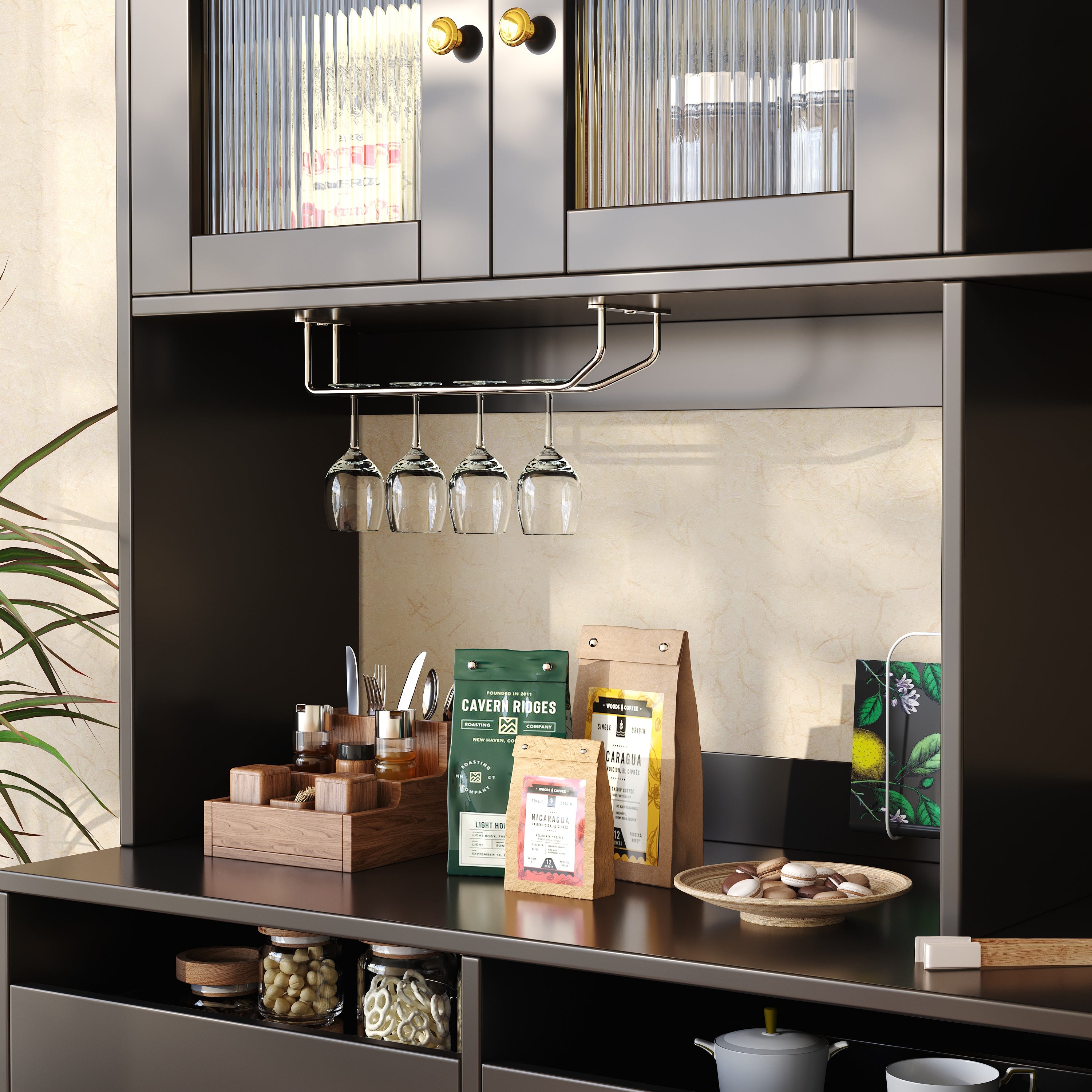 Multi-purpose Storage Cabinet(145 x 39 x 171 cm), Modern design, with Changhong glass door, Wine glass holder, Multi-layered storage space, Black with gold decoration, Suitable for home and restaurant