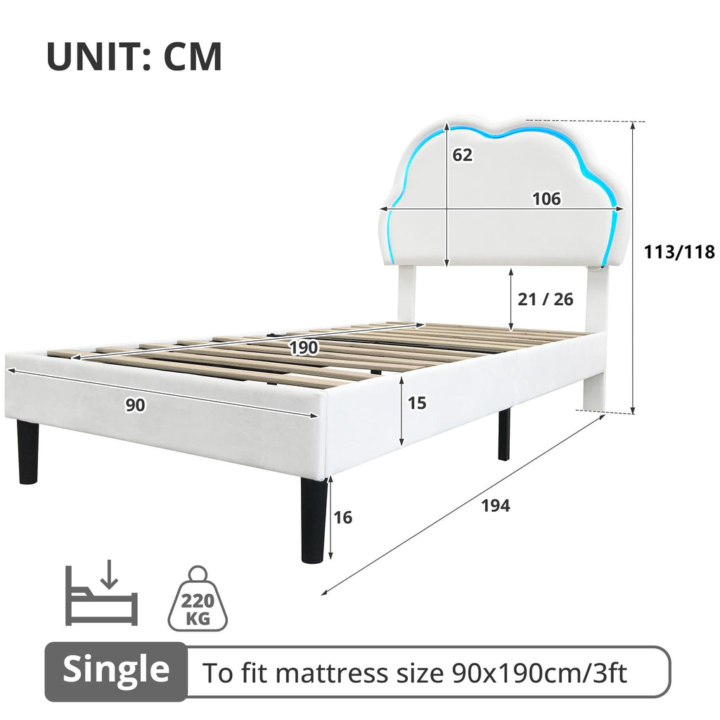 3ft Single Upholstered Bed with LED Adjustable Cute Cloud Headboard, Soft Velvet Bed Frame with Solid Wood Slat, No Box Spring Needed, Easy Assembly, Cream White (No Mattress)