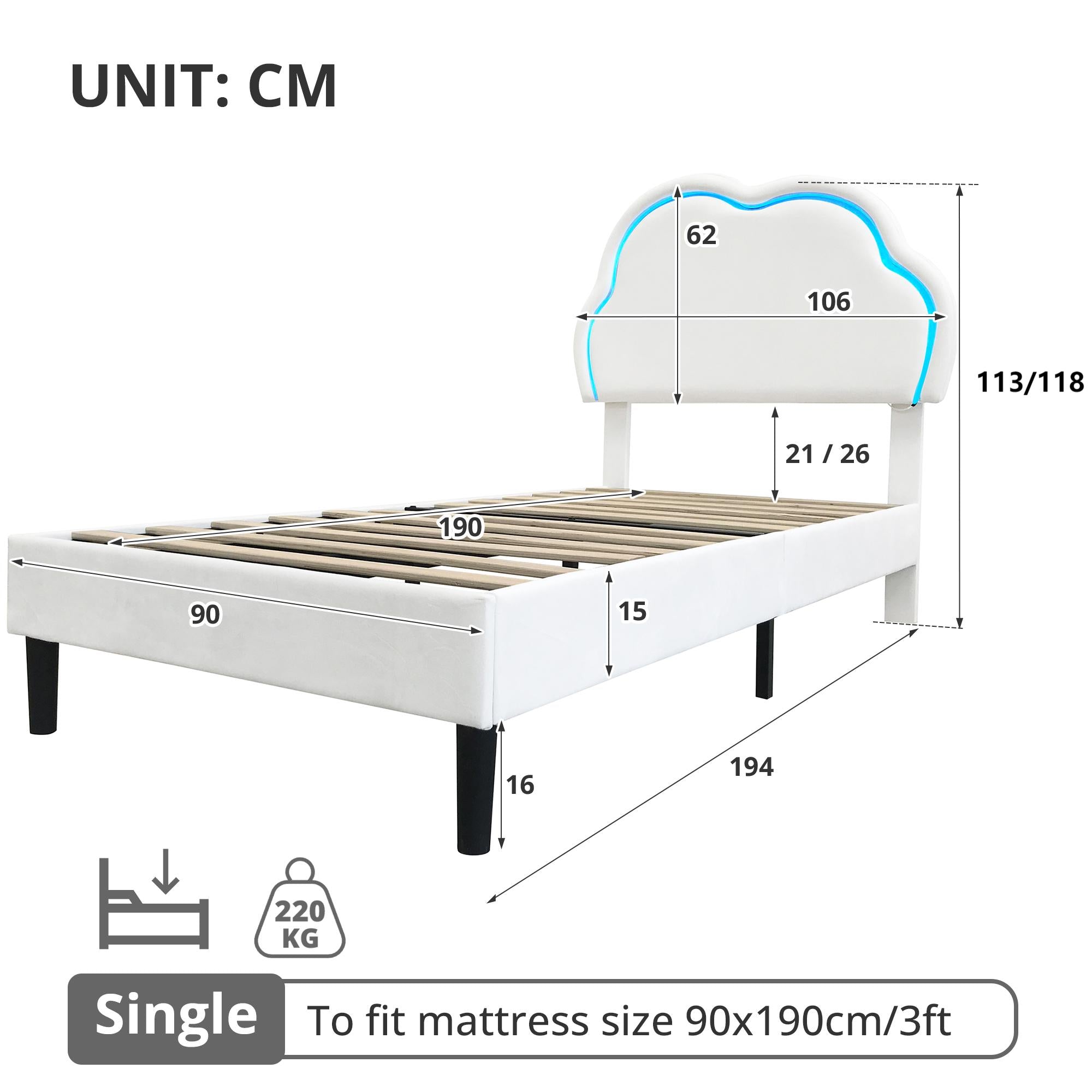 3ft Single Upholstered Bed with LED Adjustable Cute Cloud Headboard, Soft Velvet Bed Frame with Solid Wood Slat, No Box Spring Needed, Easy Assembly, Cream White (No Mattress)