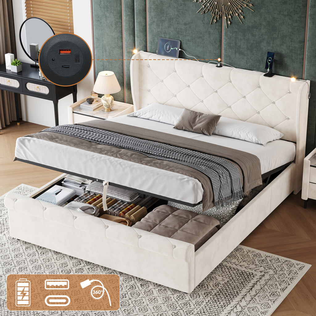 4ft6 Double Upholstered Bed Frame with Hydraulic Storage,  Diamond Tufted Headboard with Charging Station and Reading Light, USB and Type - C Ports, Velvet, Beige (No Mattress)