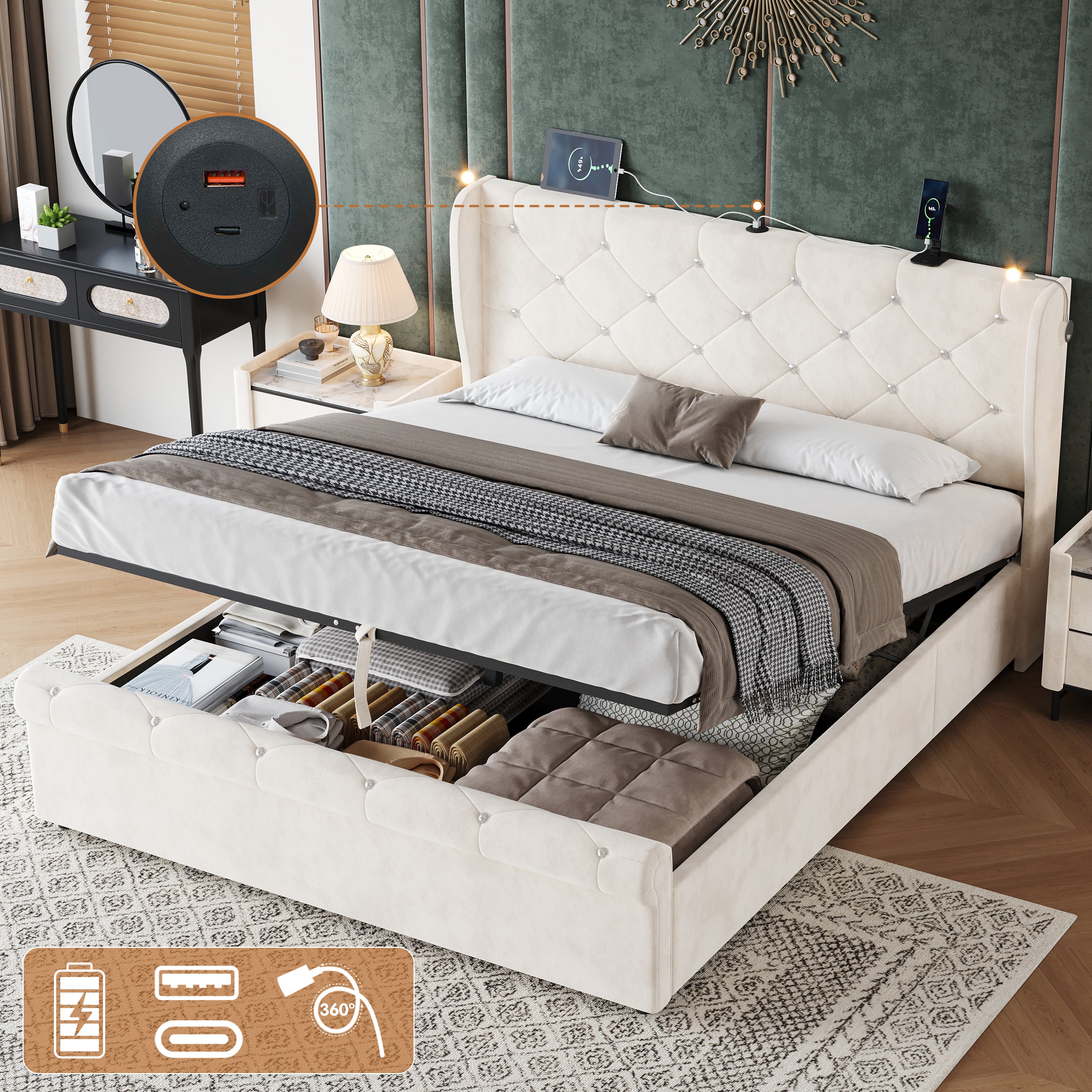 4ft6 Double Upholstered Bed Frame with Hydraulic Storage,  Diamond Tufted Headboard with Charging Station and Reading Light, USB and Type - C Ports, Velvet, Beige (No Mattress)