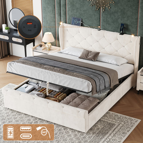4ft6 Double Upholstered Bed Frame with Hydraulic Storage,  Diamond Tufted Headboard with Charging Station and Reading Light, USB and Type - C Ports, Velvet, Beige (No Mattress)