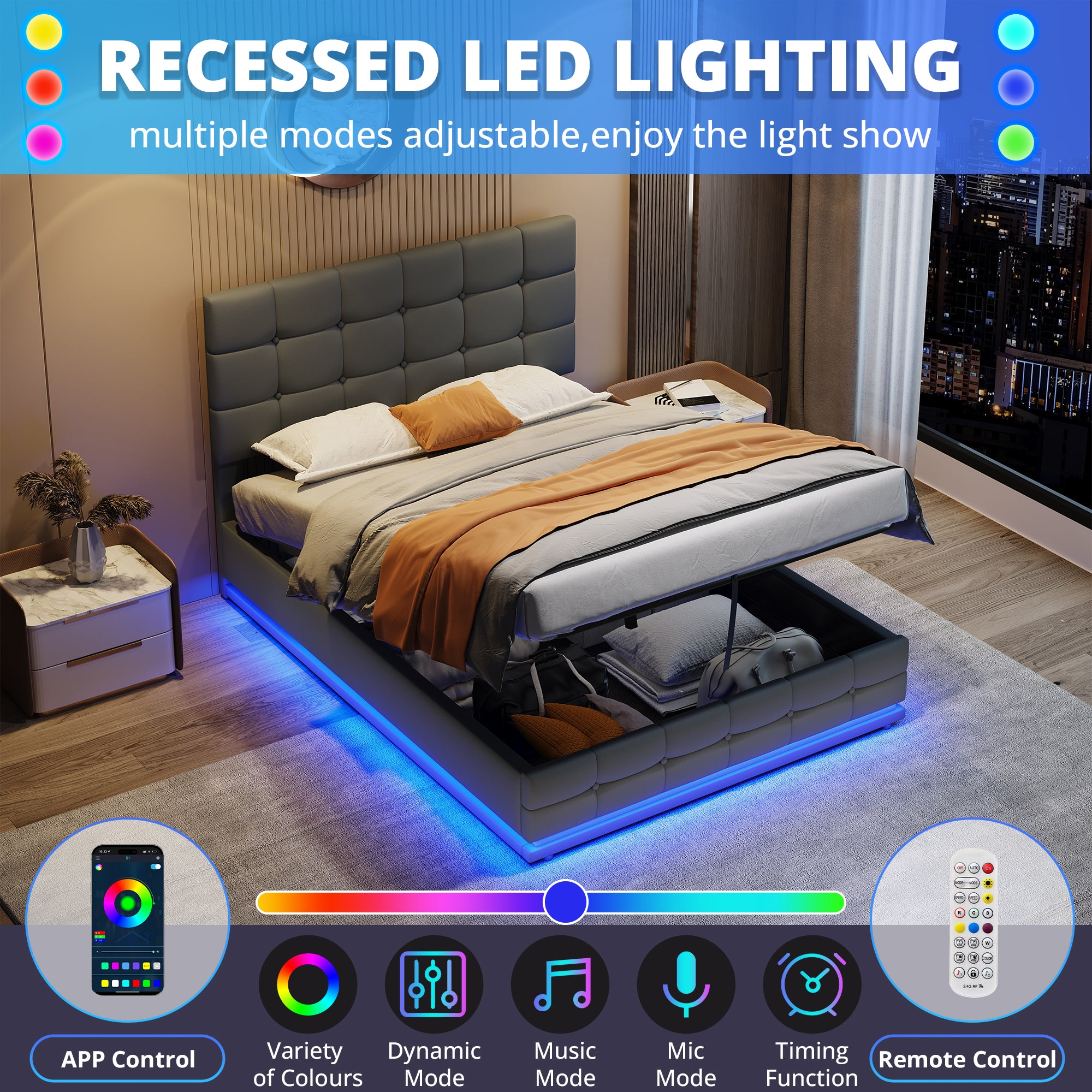 Ottoman Double Bed with LED Lighting, PU Leather Upholstered Bed with Hydraulic Storage, 4ft6 Double Bed Frame with Adjustable Button Tufted Headboard, No Box Spring Needed, Grey (No Mattress)