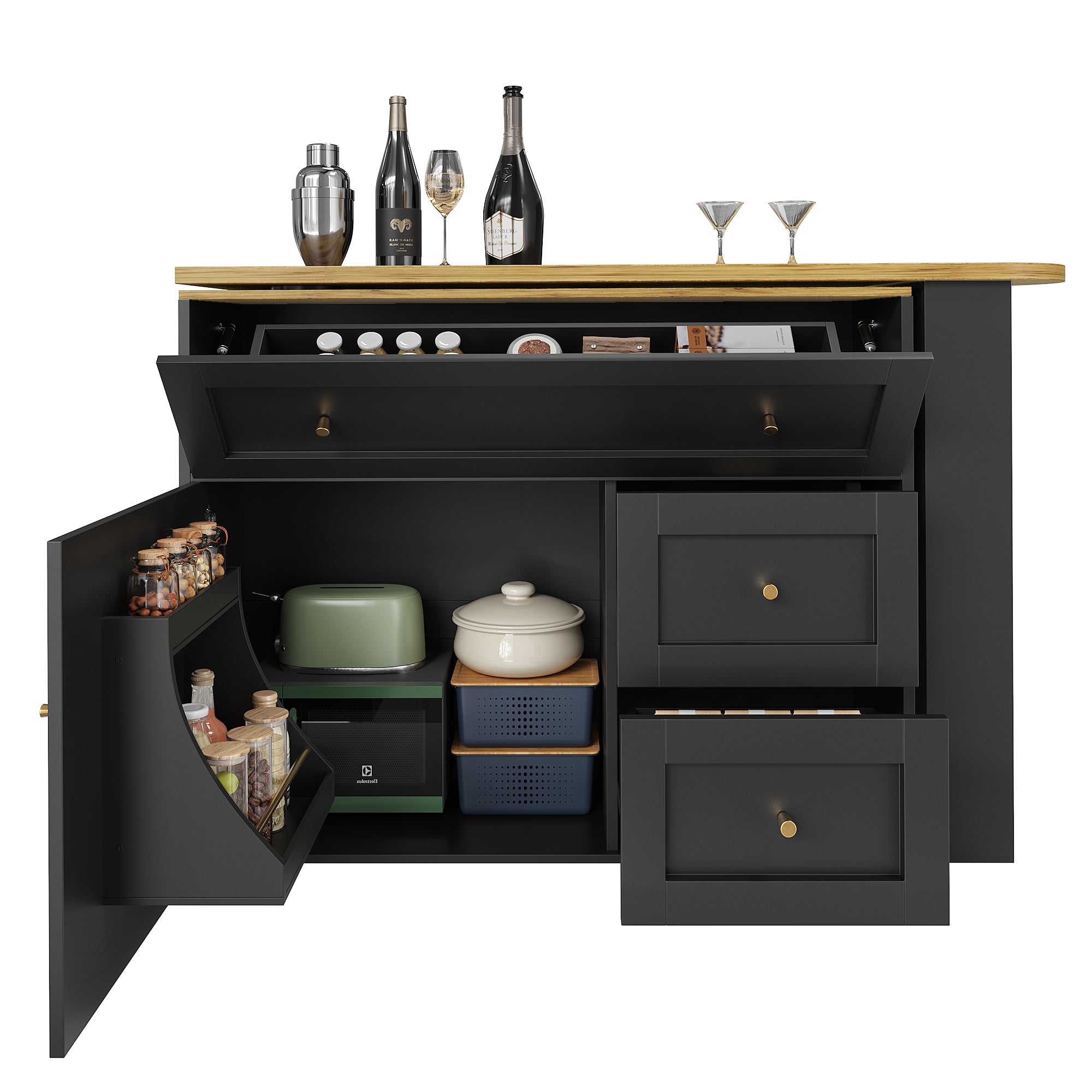 Extendable bar table with storage space (138-204×39×105cm), kitchen cabinet, sideboard with snack shelf, telescopic bar table, high table, bistro table, high table, kitchen island, black