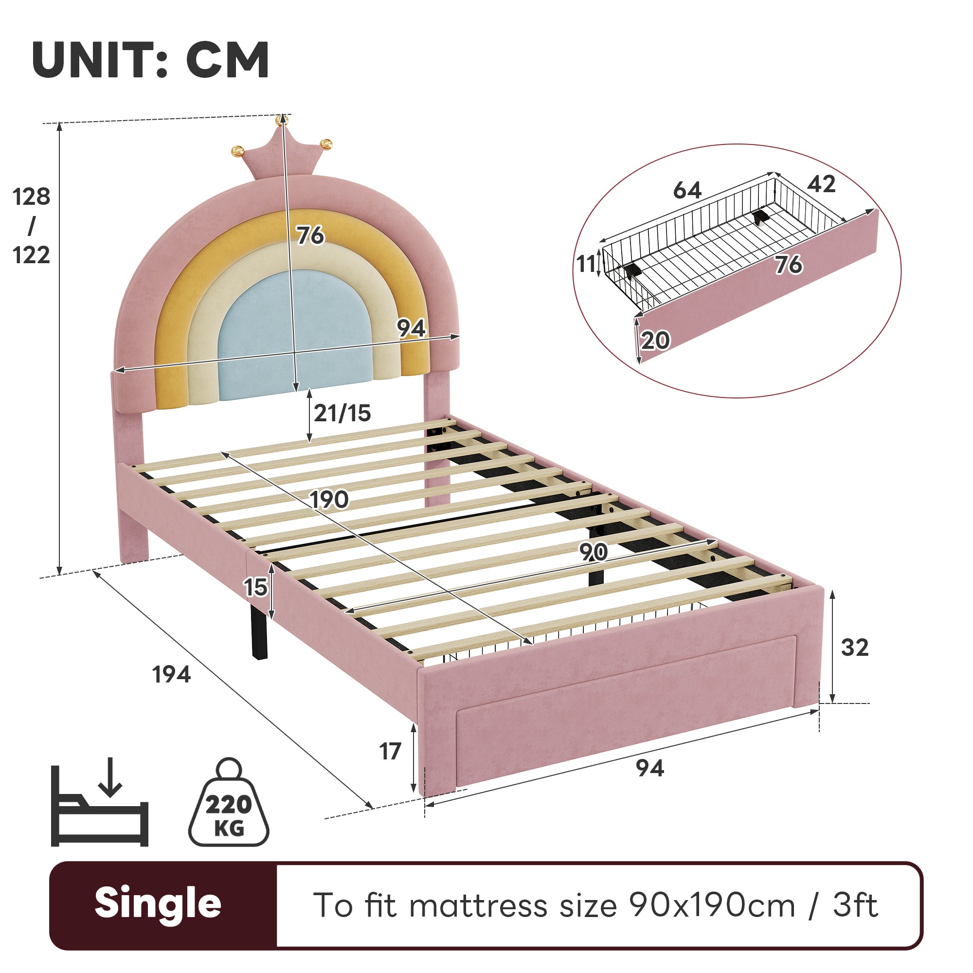 3ft Single Upholstered Bed with Adjustable Rainbow Headboard, Soft Velvet Bed Frame with Storage Drawer, Stylish Rainbow Headboard with Crown, No Box Spring Needed, Easy Assembly, Pink (No Mattress)